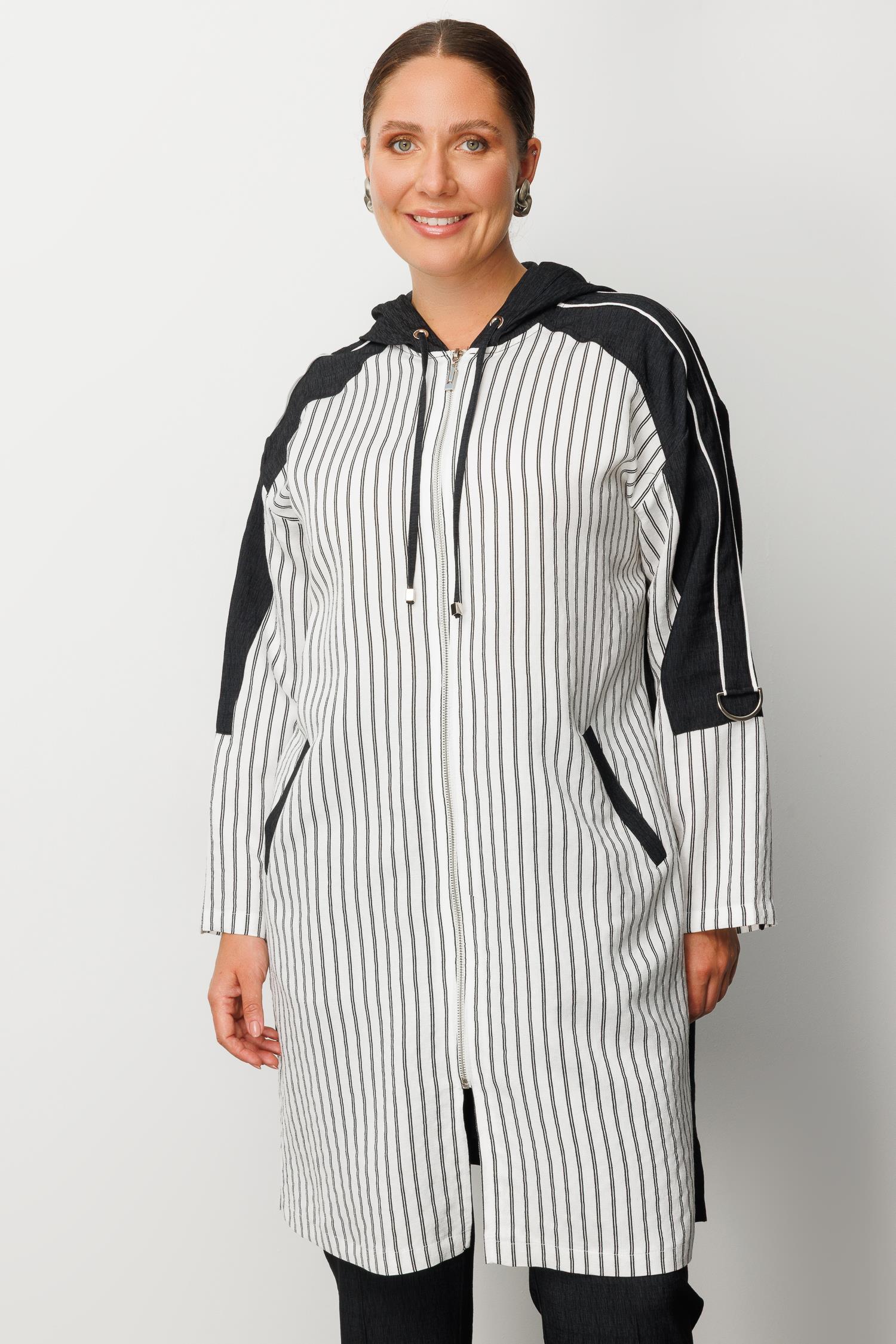 Modailgi  Kapüşonlu Çizgili Fermuarlı Uzun Tunik Ekru