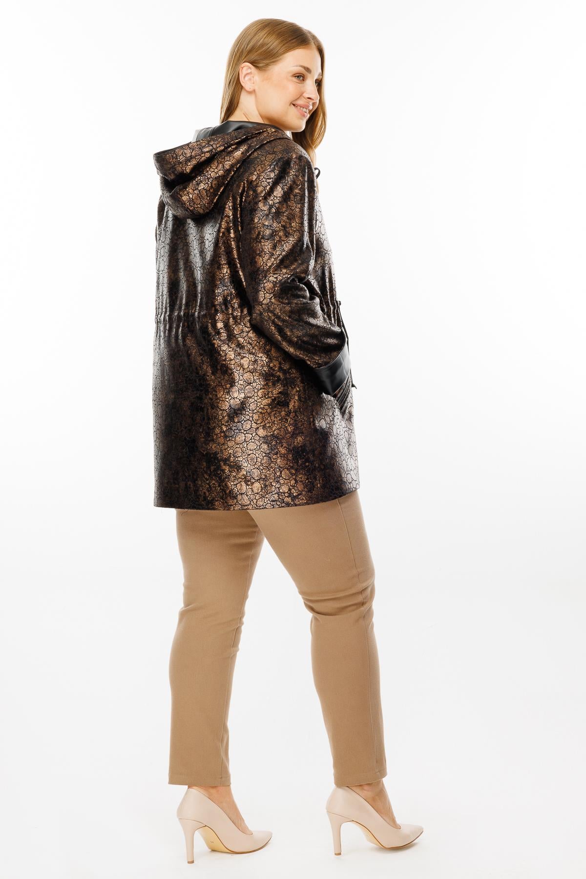 Modailgi  Kapüşonlu Fermuar Kapamalı Varaklı Deri Trenç Gold/Siyah