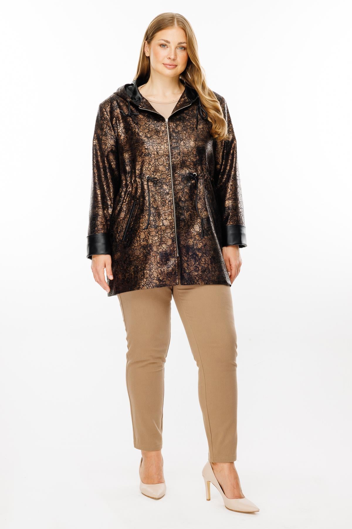 Modailgi  Kapüşonlu Fermuar Kapamalı Varaklı Deri Trenç Gold/Siyah