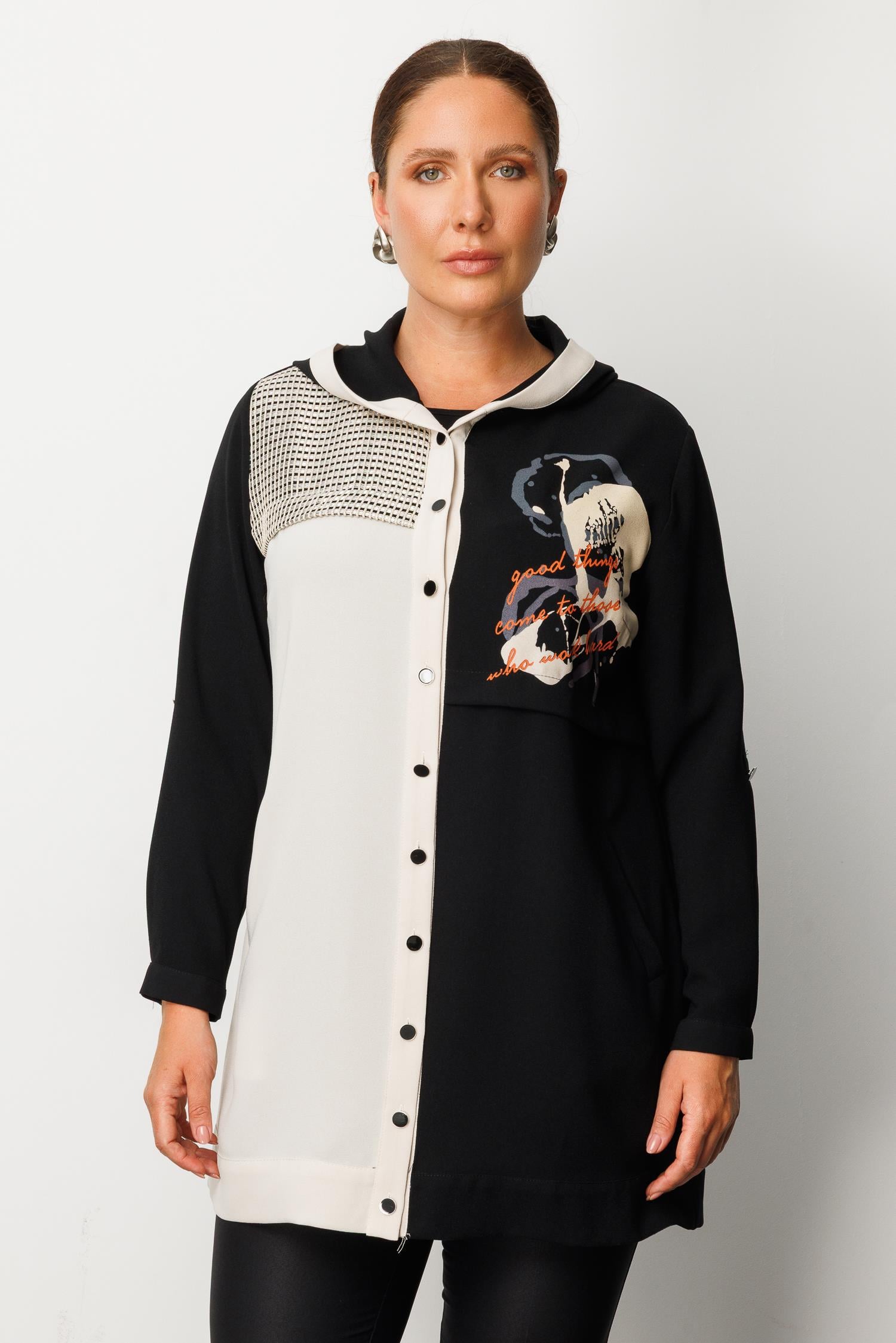 Modailgi  Kapüşonlu File Detaylı Baskılı Uzun Tunik Siyah