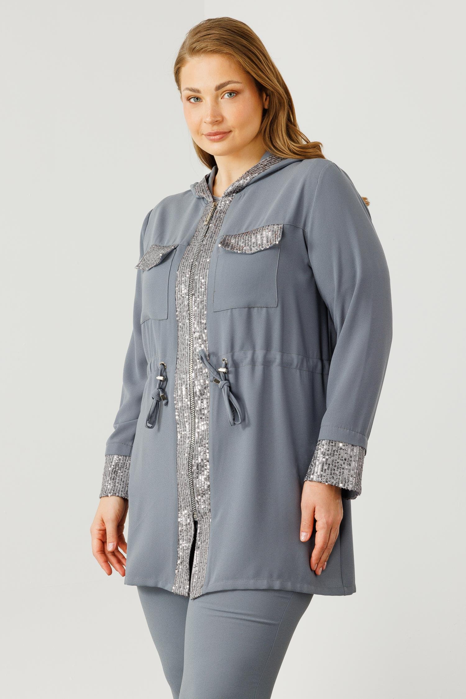 Modailgi  Kapüşonlu Payet Detaylı Tunik Gri