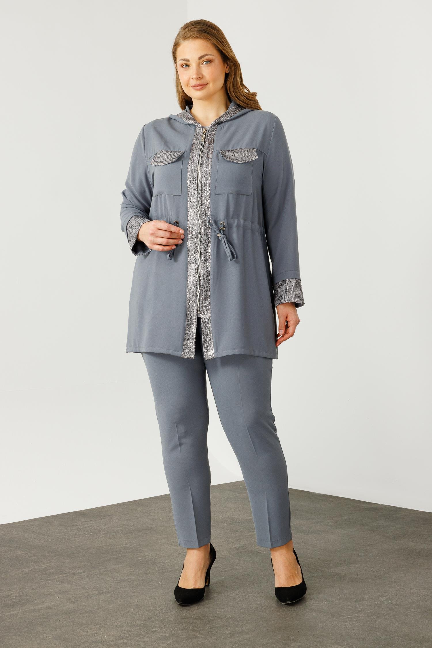 Modailgi  Kapüşonlu Payet Detaylı Tunik Gri