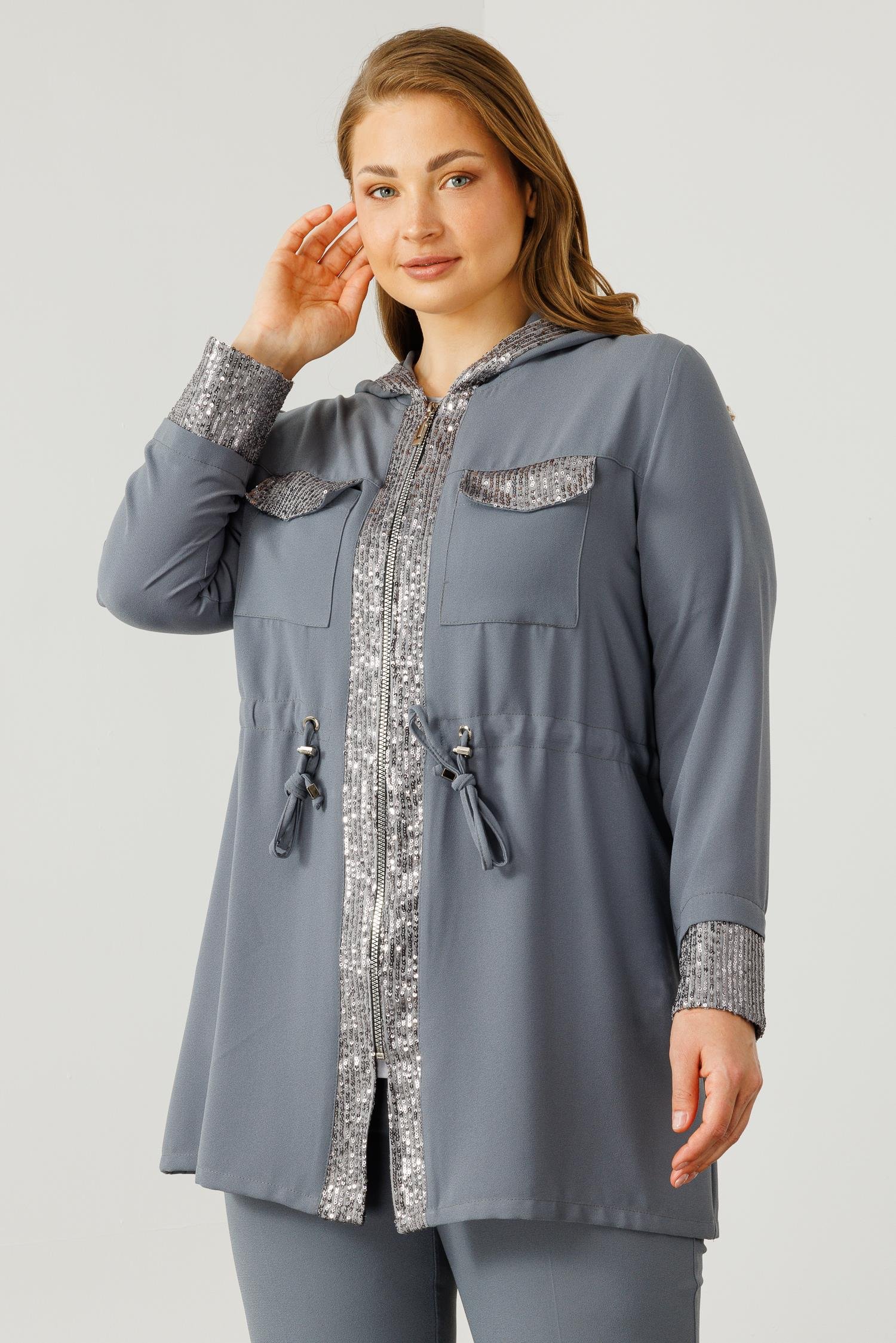 Modailgi  Kapüşonlu Payet Detaylı Tunik Gri