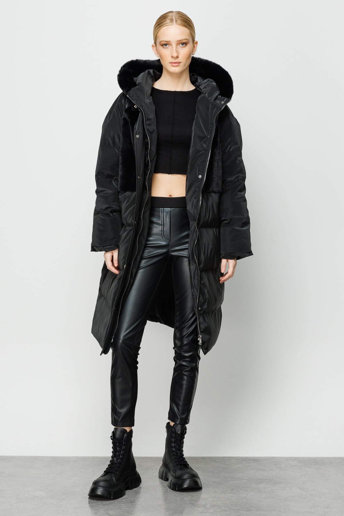 Modailgi  Kapüşonlu Uzun Kaban Siyah