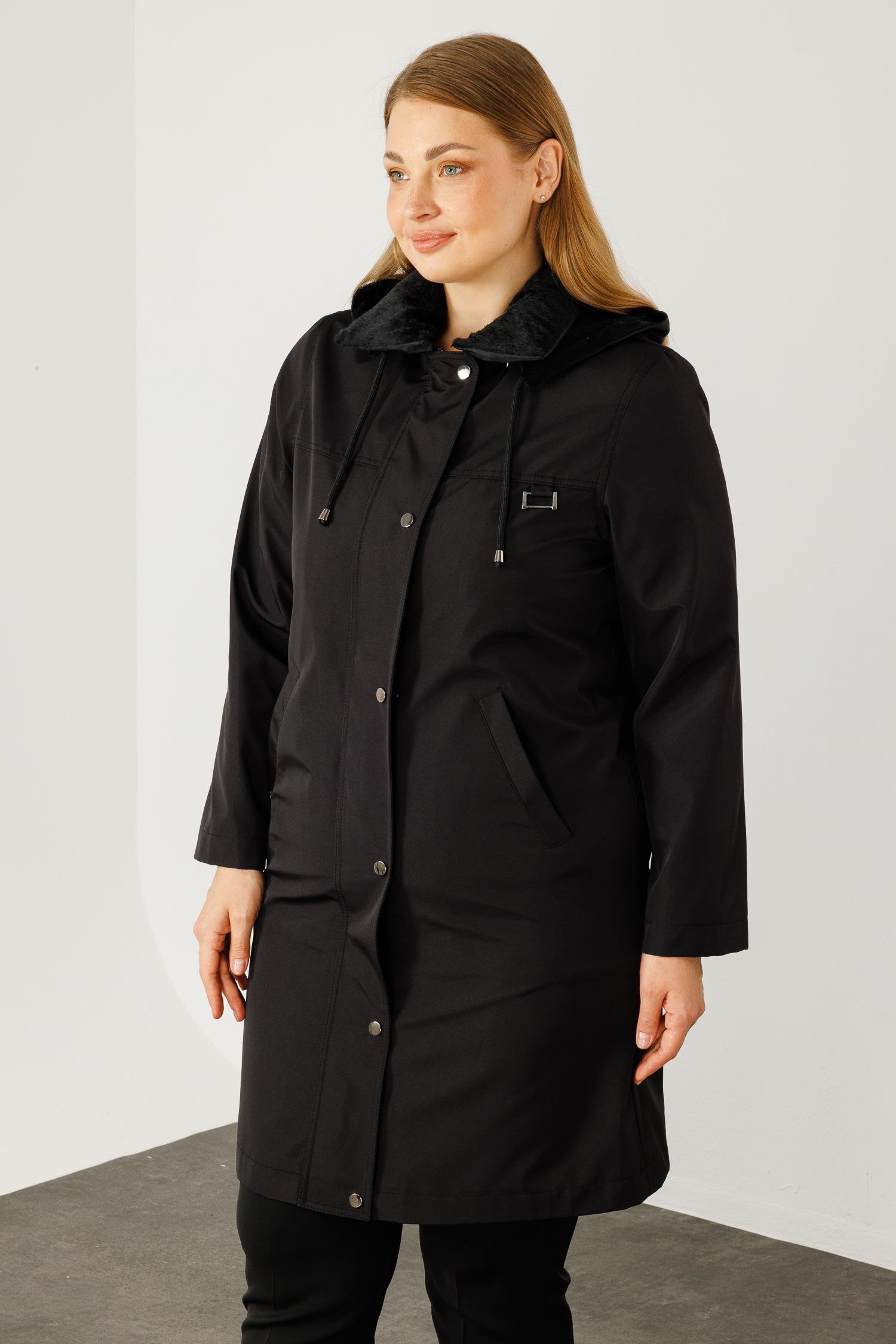 Modailgi  KAPÜŞONLU UZUN KABAN Siyah