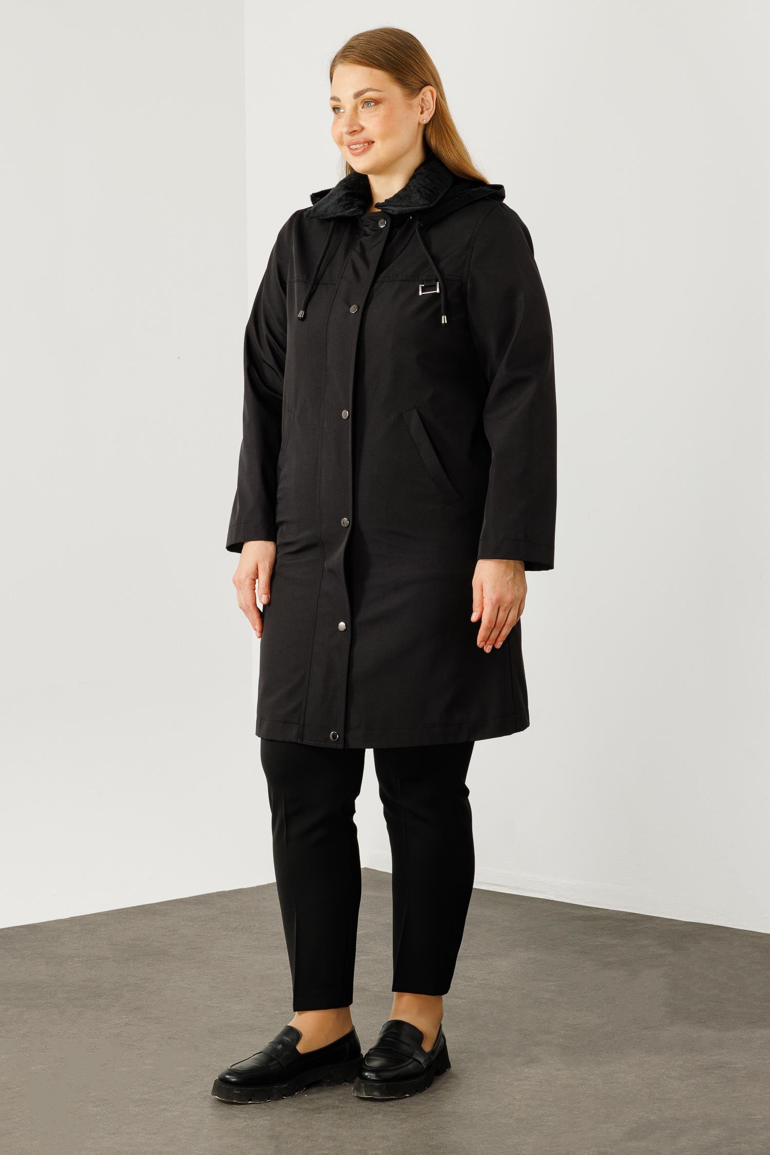 Modailgi  KAPÜŞONLU UZUN KABAN Siyah