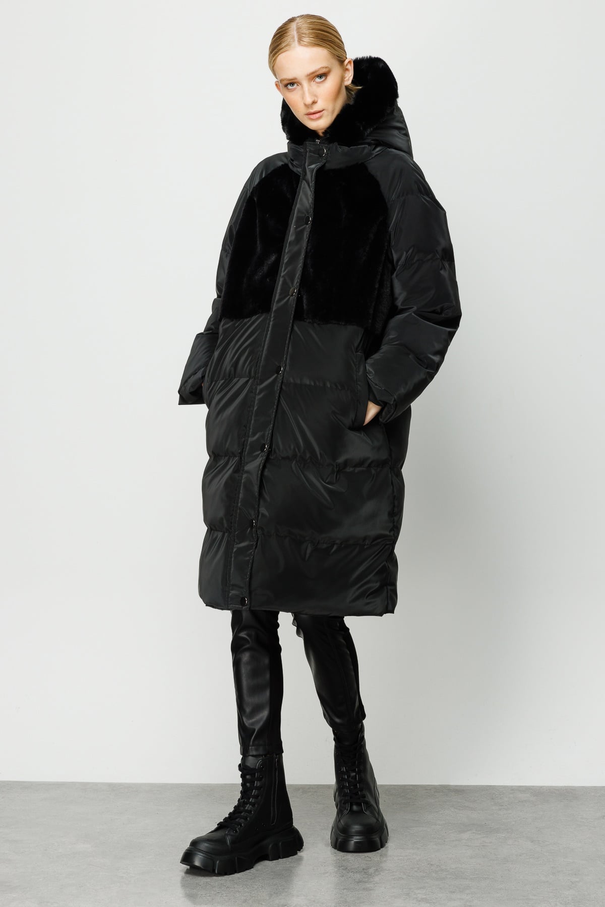 Modailgi  Kapüşonlu Uzun Kaban Siyah