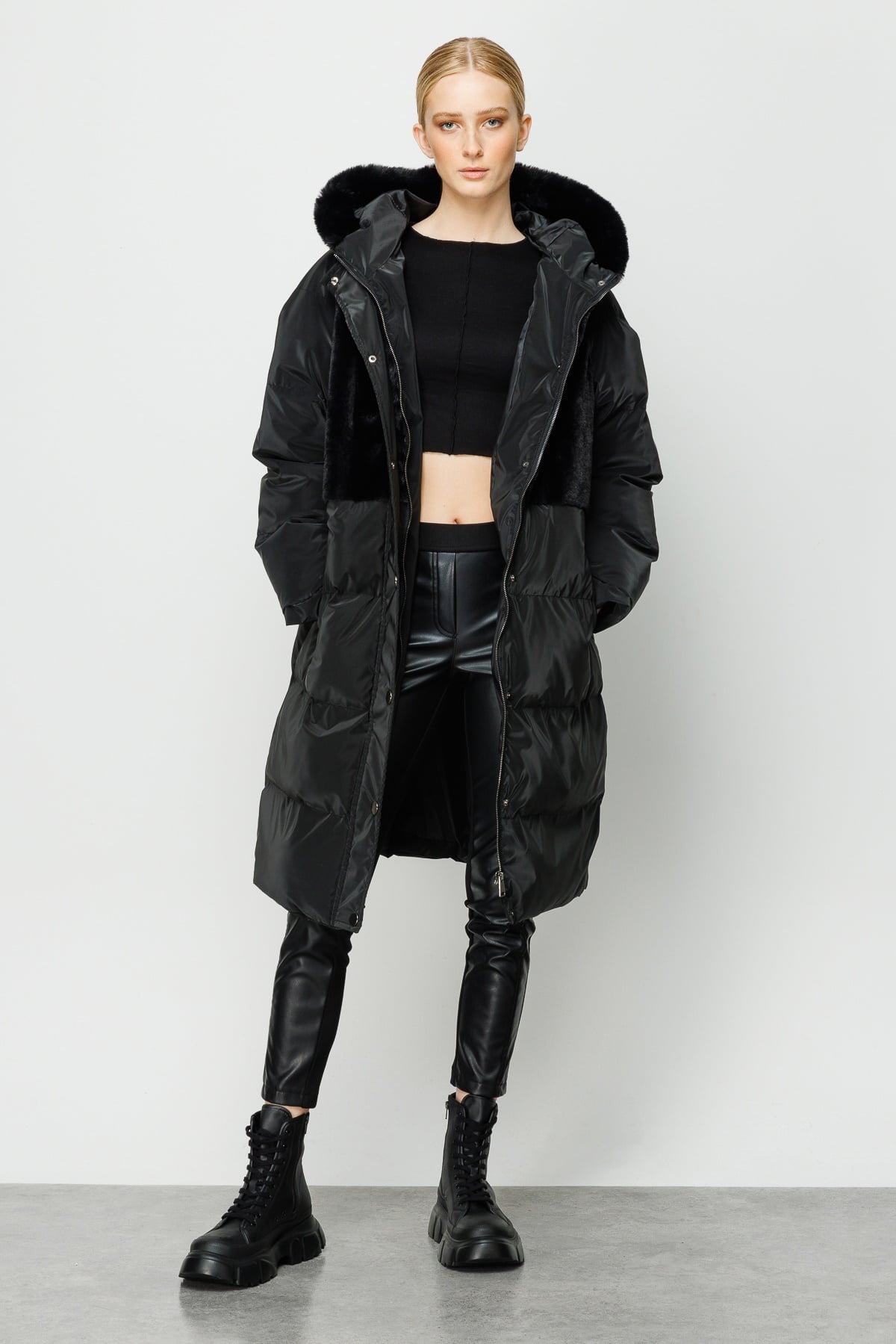 Modailgi  Kapüşonlu Uzun Kaban Siyah