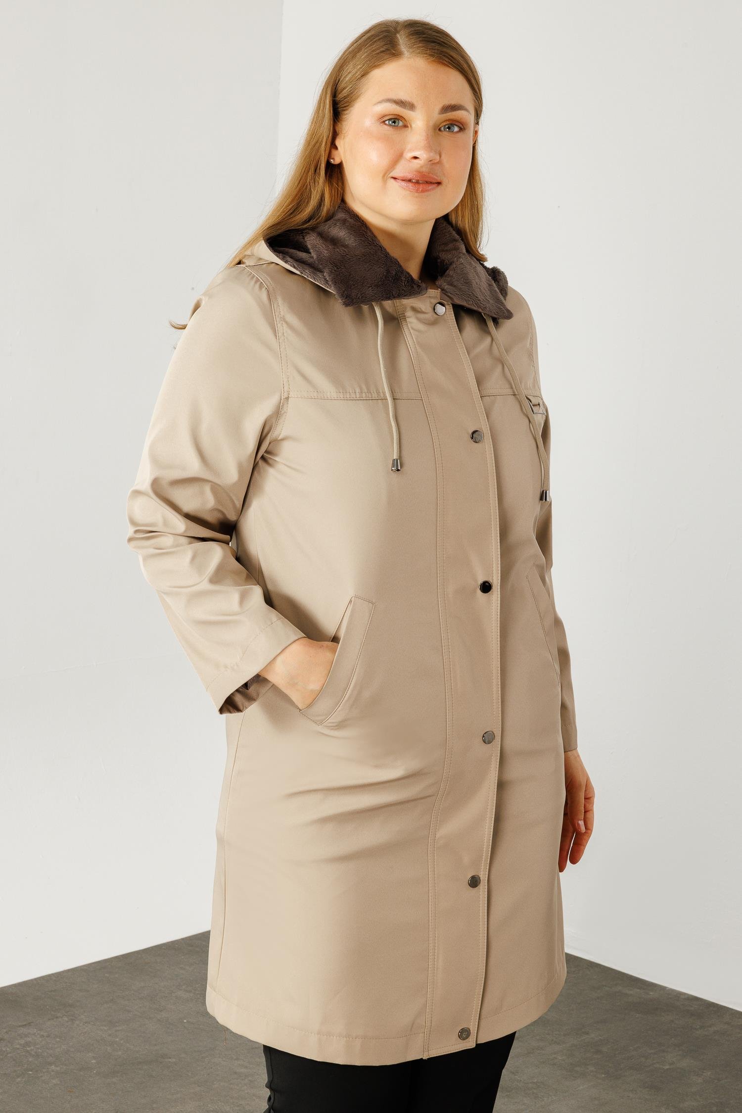 Modailgi  KAPÜŞONLU UZUN KABAN Vizon