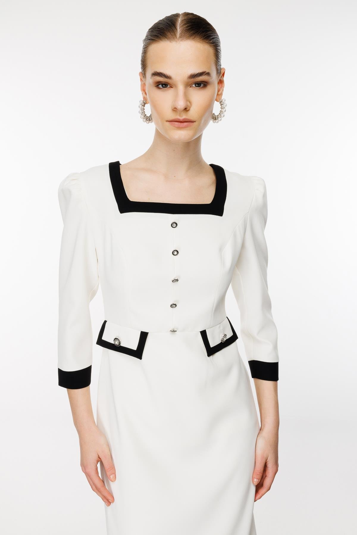 Modailgi  Kare Yaka Enkürüsteli Elbise Ekru