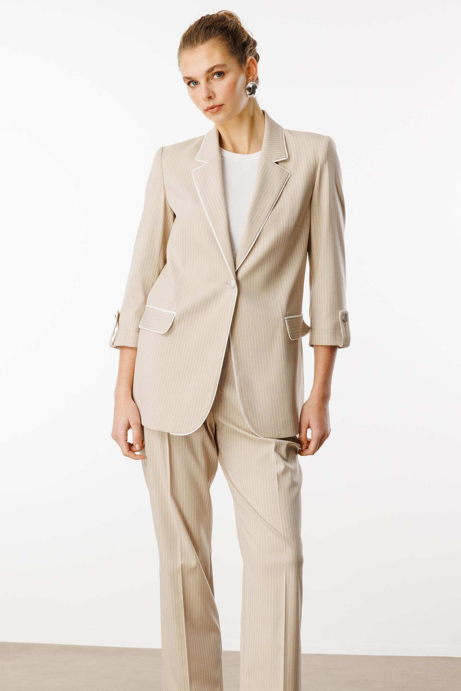 Modailgi  Kelebek Yaka Truvakar Kol Yarım Astarlı Çizgili Ceket Taş