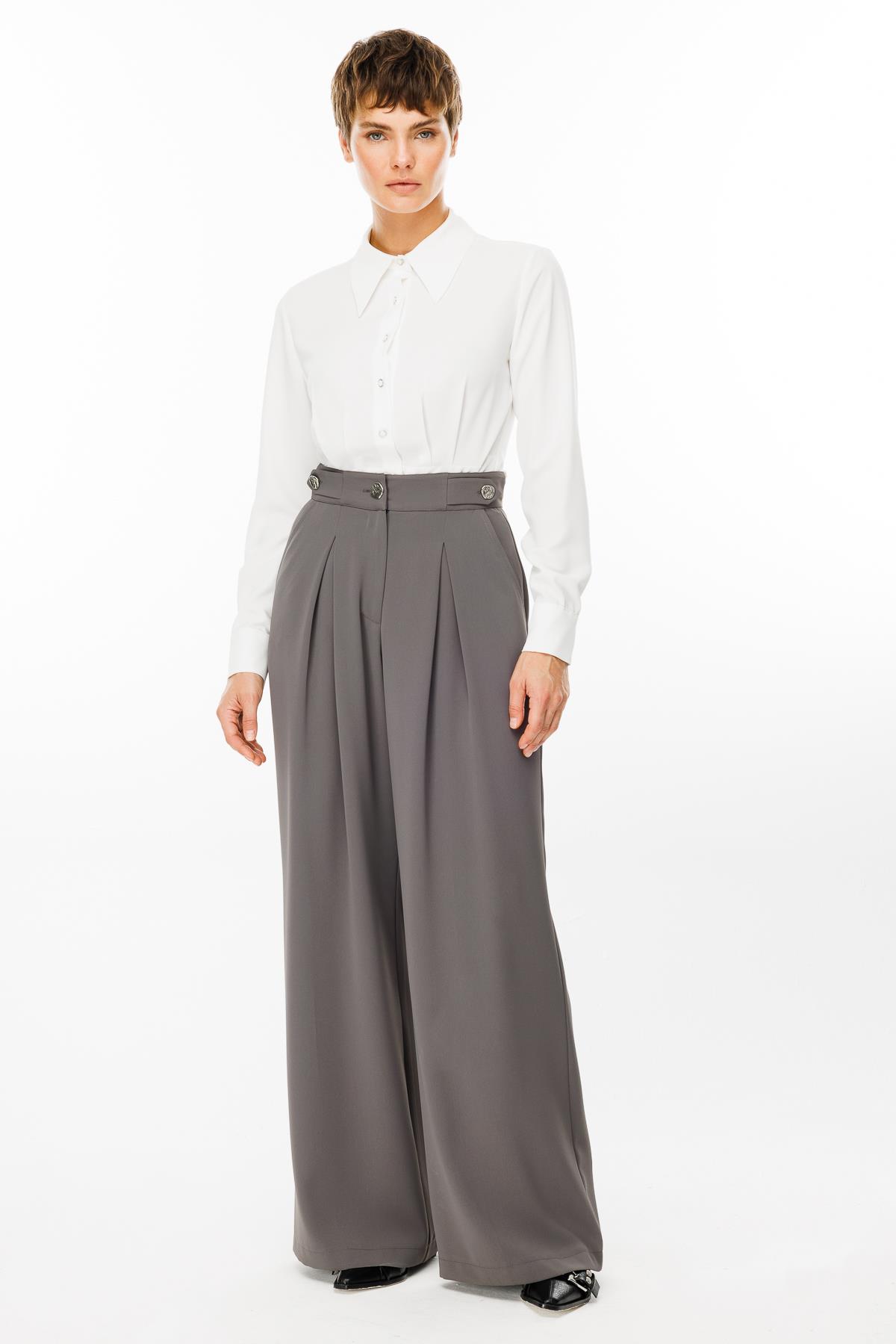 Modailgi  Kemeri Apoletli Yandan Cepli Plikaşeli Pantolon - 7069 Gri