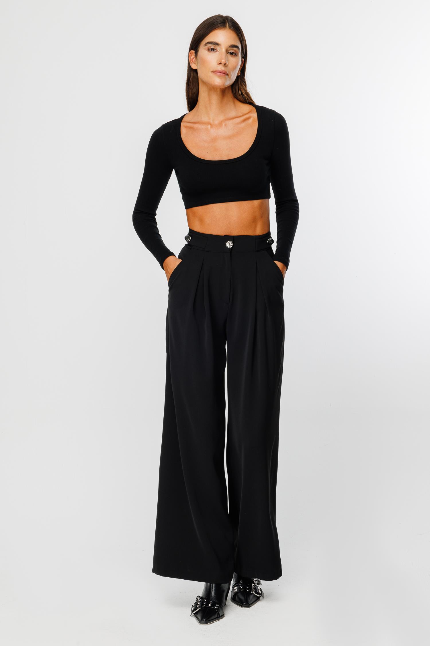 Modailgi  Kemeri Apoletli Yandan Cepli Plikaşeli Pantolon - 7069 Siyah