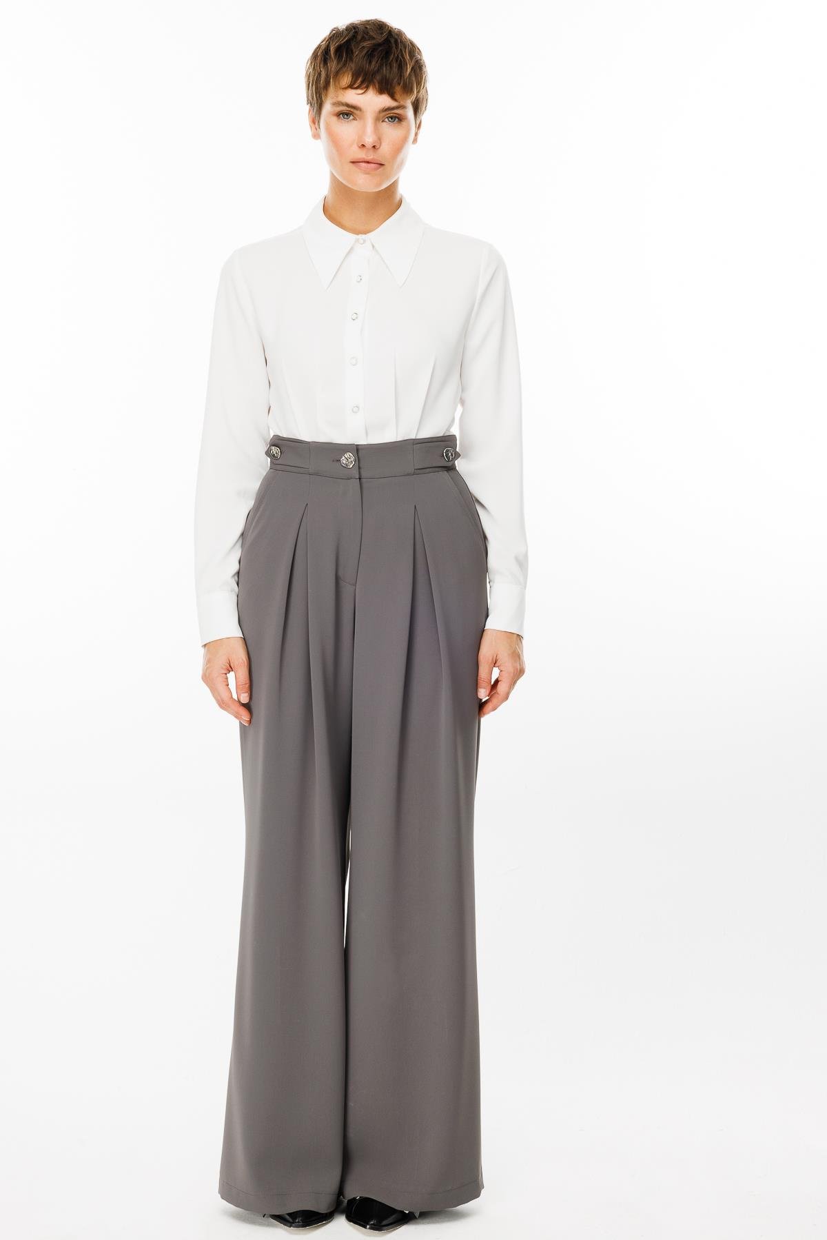 Modailgi  Kemeri Apoletli Yandan Cepli Plikaşeli Pantolon - 7069 Gri