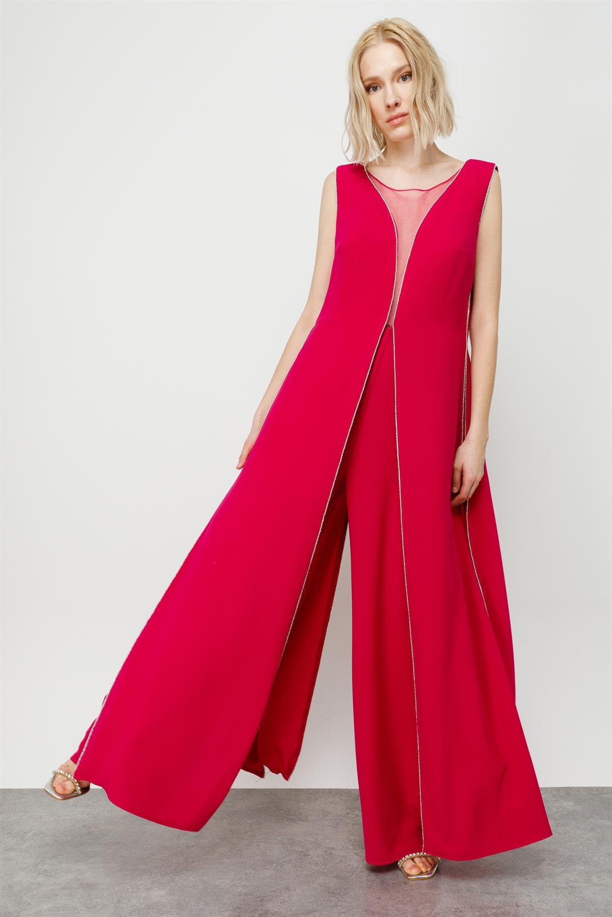 Modailgi  Kenarları Taş Şeritli Tulum Fuşya