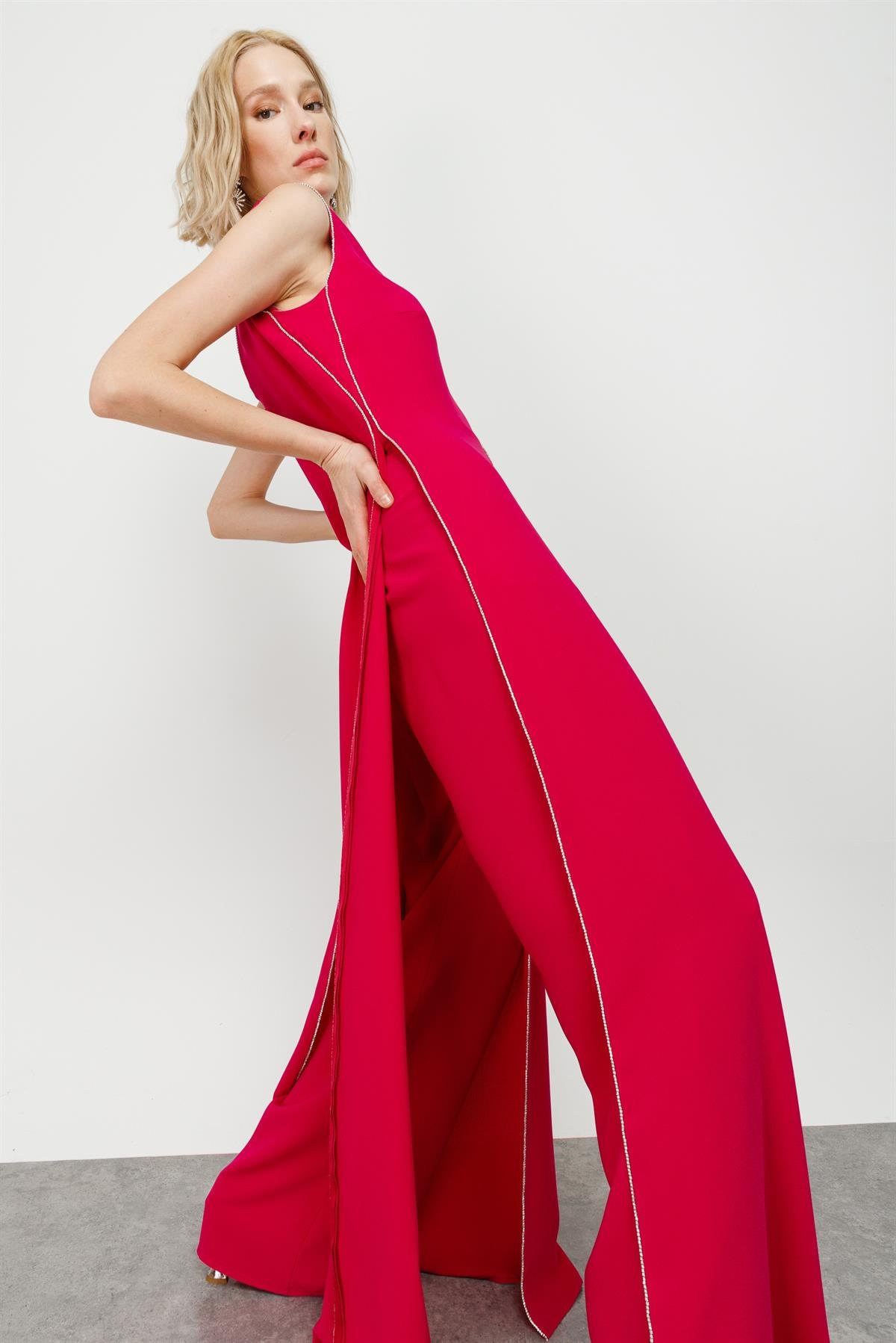 Modailgi  Kenarları Taş Şeritli Tulum Fuşya