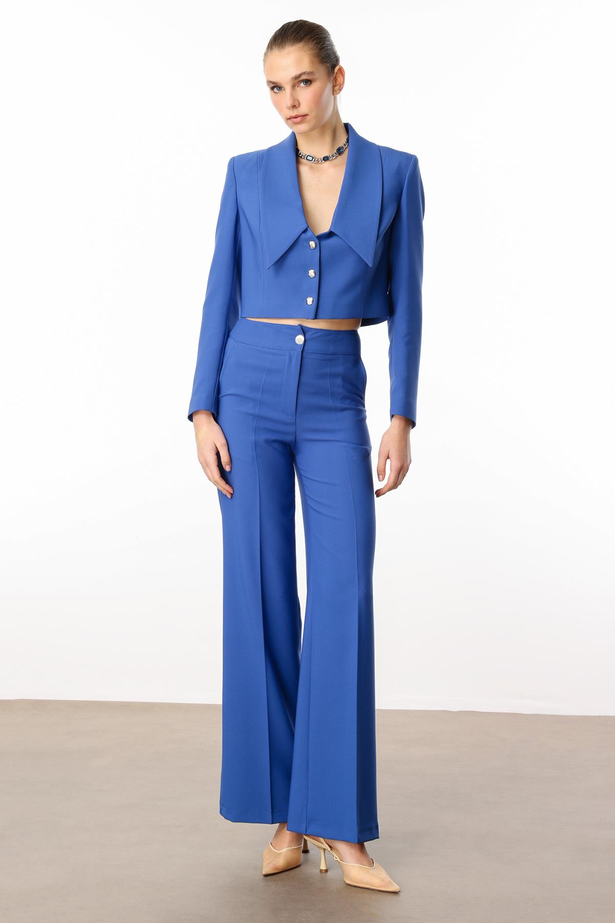 Modailgi  Kırlangıç Yaka Crop Ceket Mavi