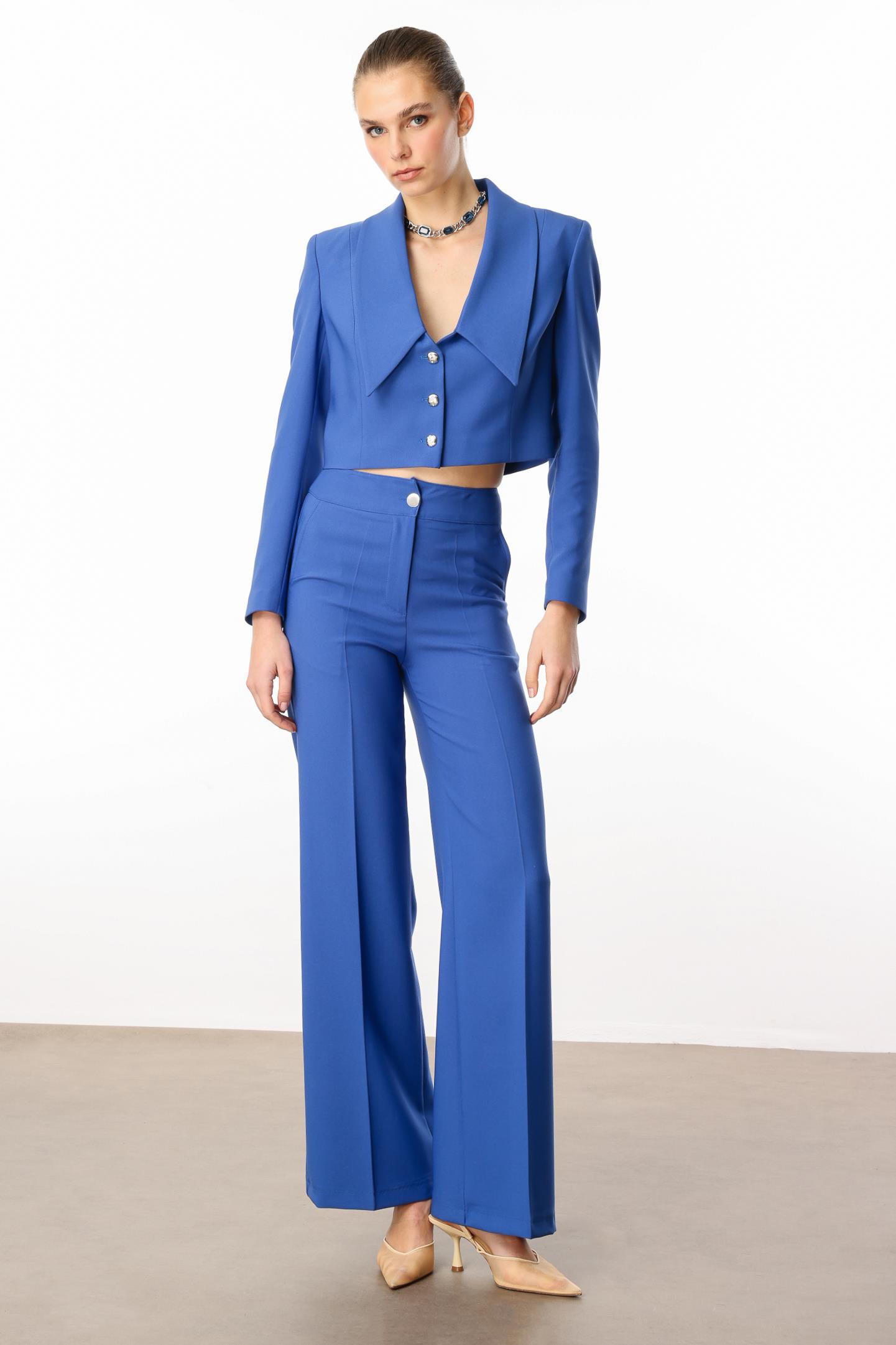 Modailgi  Kırlangıç Yaka Crop Ceket Mavi