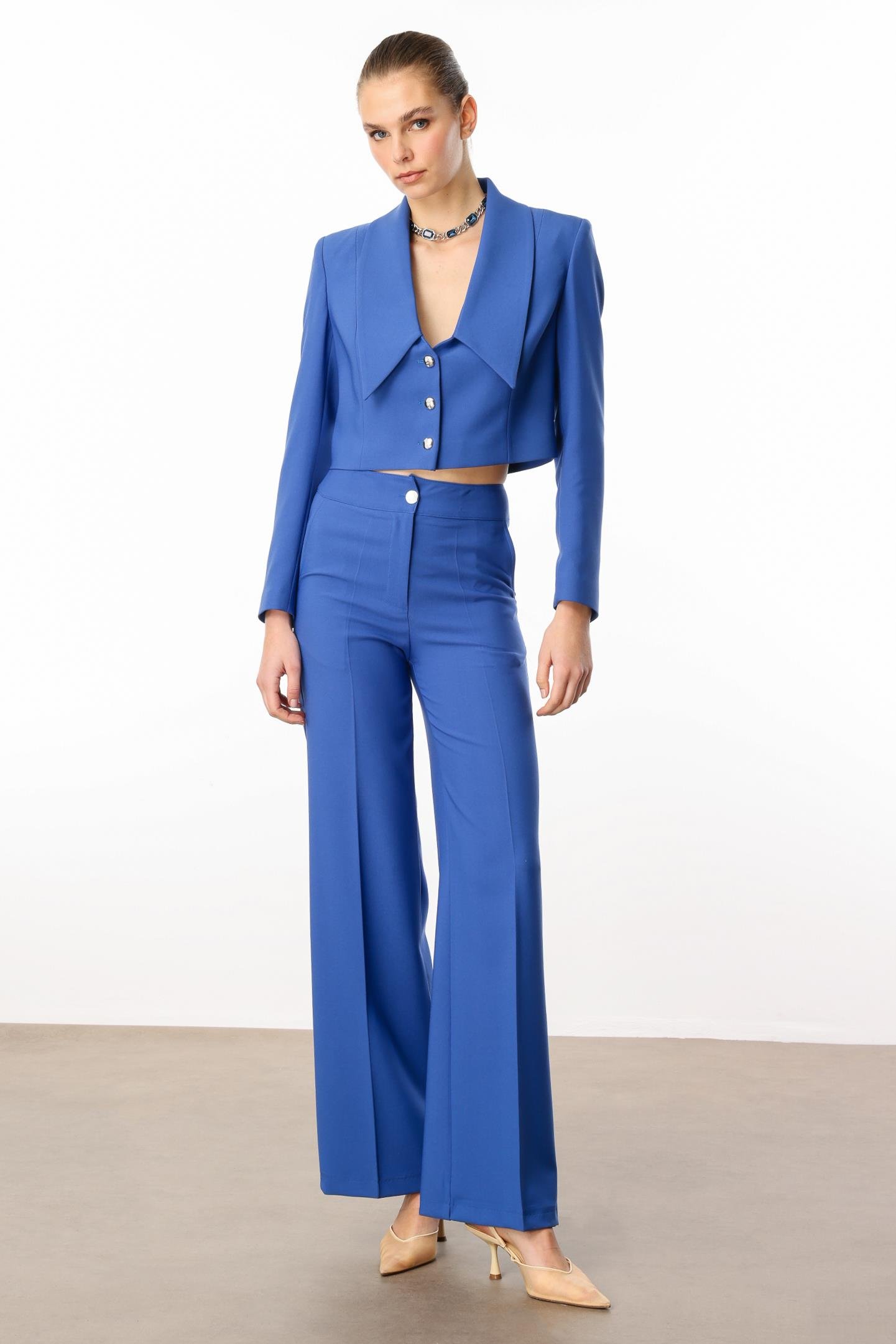 Modailgi  Kırlangıç Yaka Crop Ceket Mavi