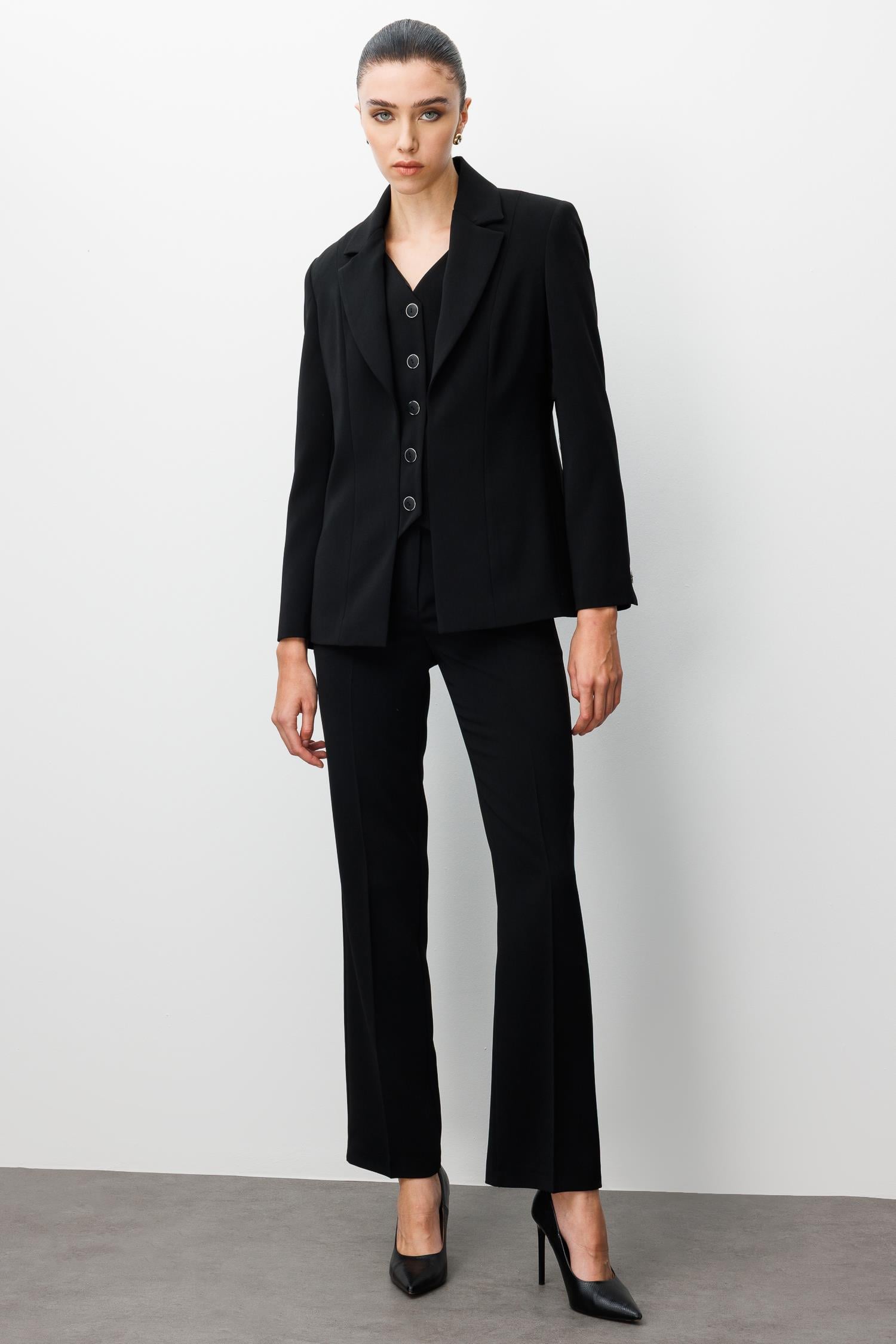 Modailgi  Kırlangıç Yaka Kuptan Yelek Detaylı Astarlı Ceket - 40031 Siyah