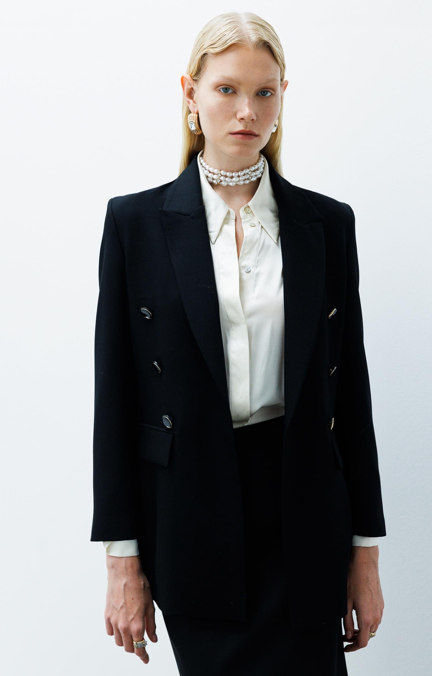 Modailgi  Kırlangıç Yaka Önü Açık Rahat Kesim Astarlı Ceket - 40008 Siyah