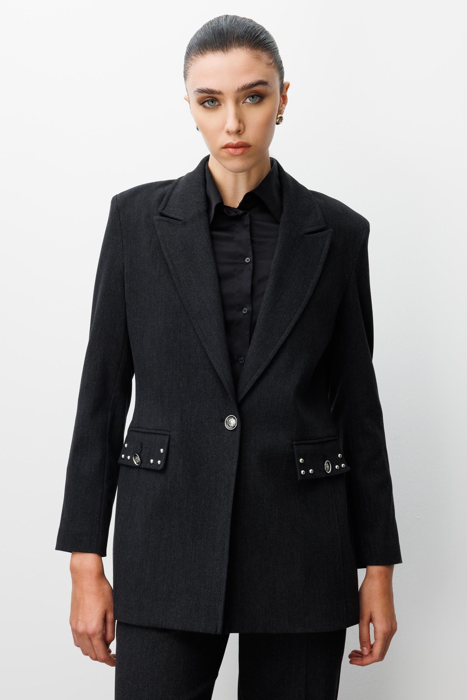 Modailgi  Kırlangıç Yaka Tek Düğme Kapamalı Astarlı Ceket - 45014 Siyah