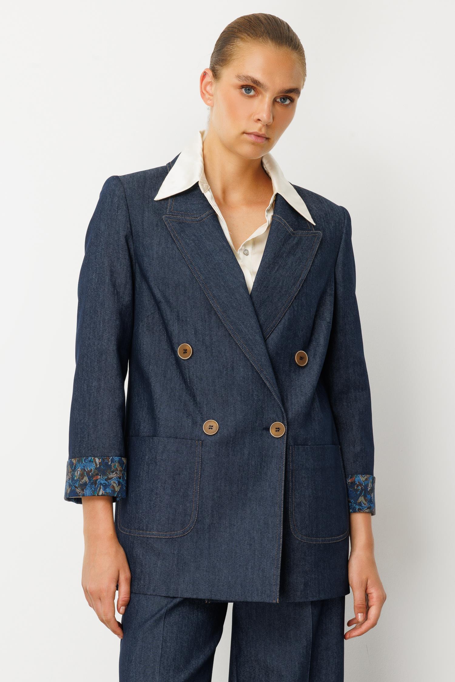 Modailgi  Kırlangıç Yaka Torba Cepli Desenli Duble Kol Tensel Ceket - 40004 Lacivert