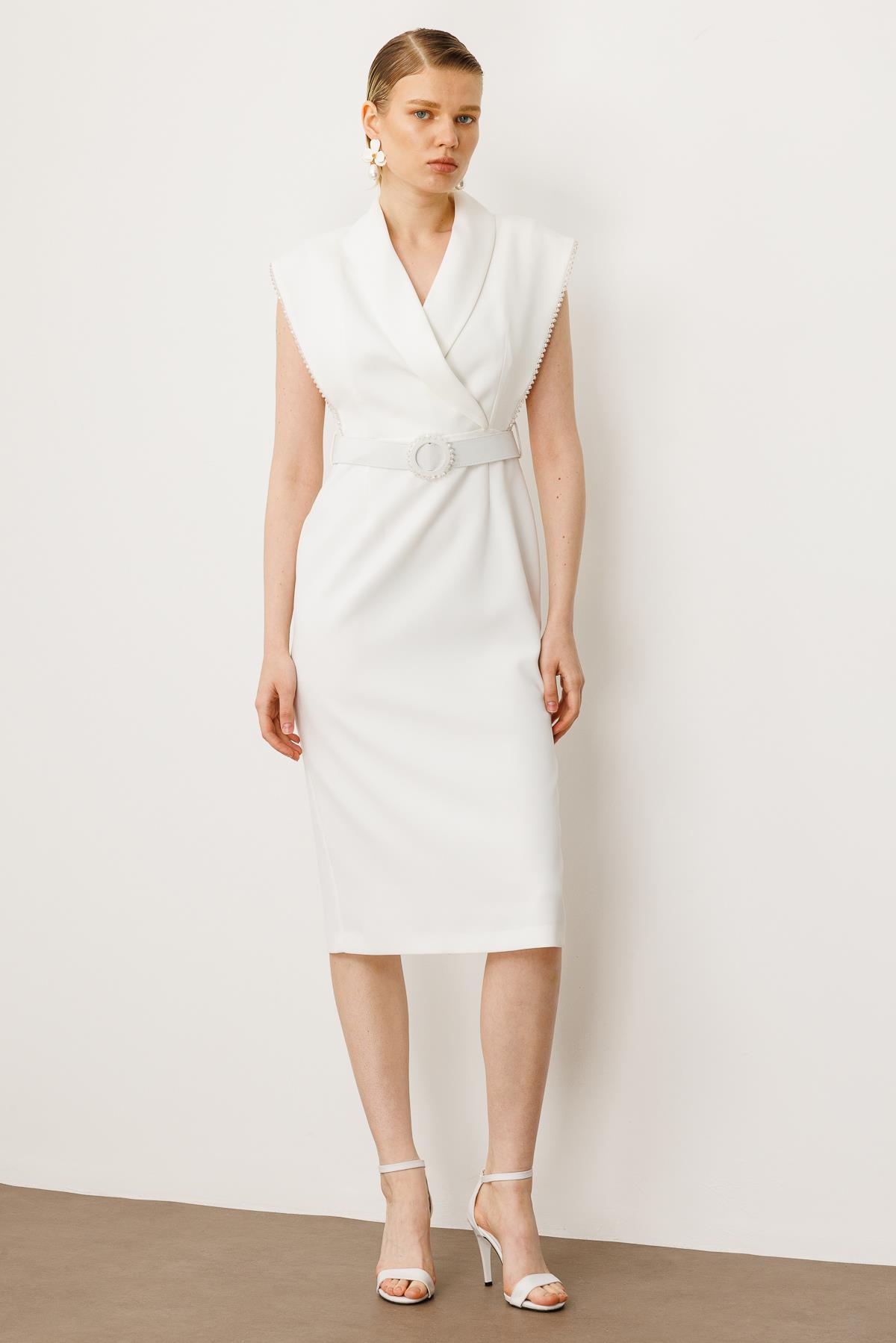 Modailgi  Kol Ağzı Boncuk Aksesuar Detaylı Elbise Ekru