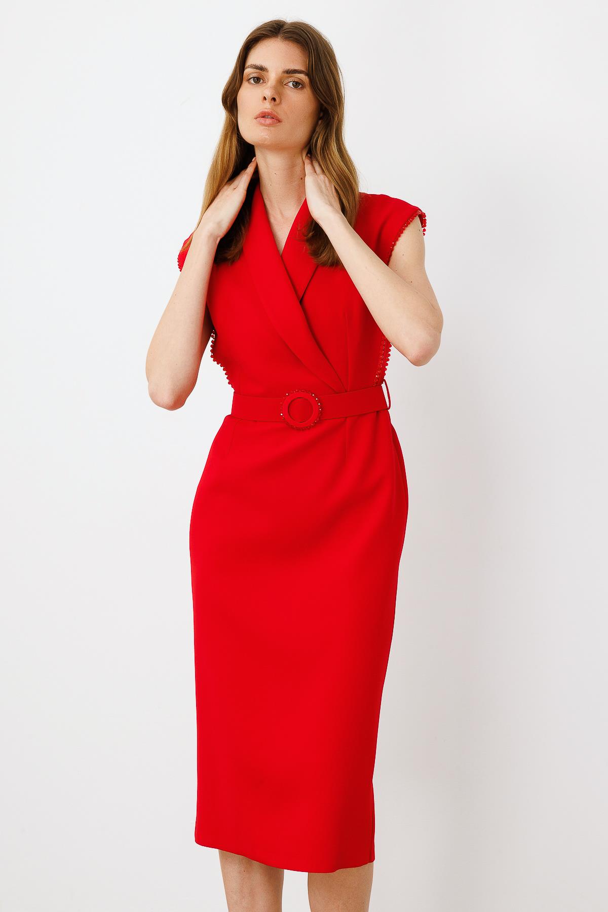 Modailgi  Kol Ağzı Boncuk Aksesuar Detaylı Elbise Kırmızı