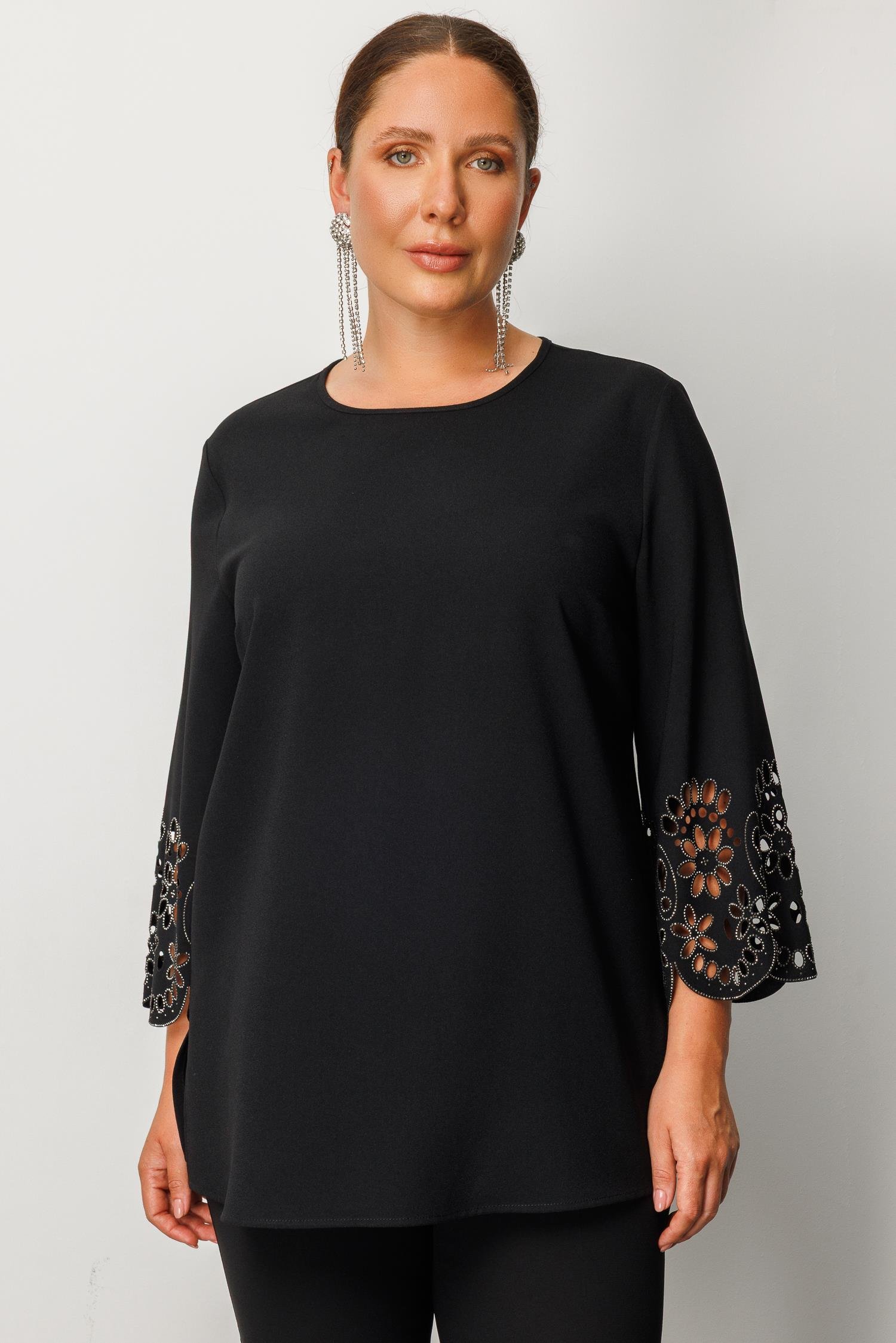 Modailgi  Kol Ağzı Lazerli Taşlı Bluz Siyah
