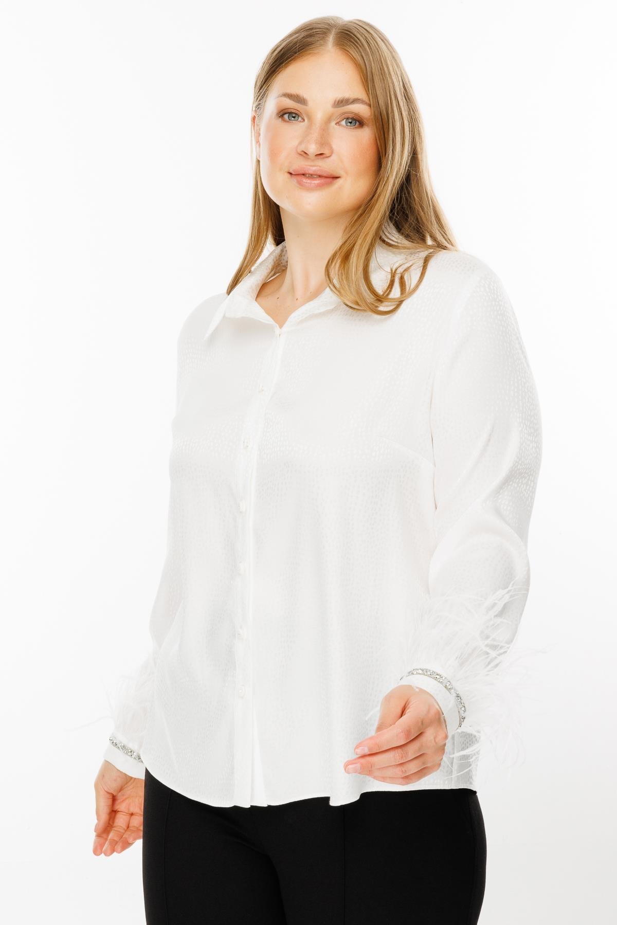 Modailgi  Kol Manşeti Otrişli Puanlı Jakar Gömlek Ekru