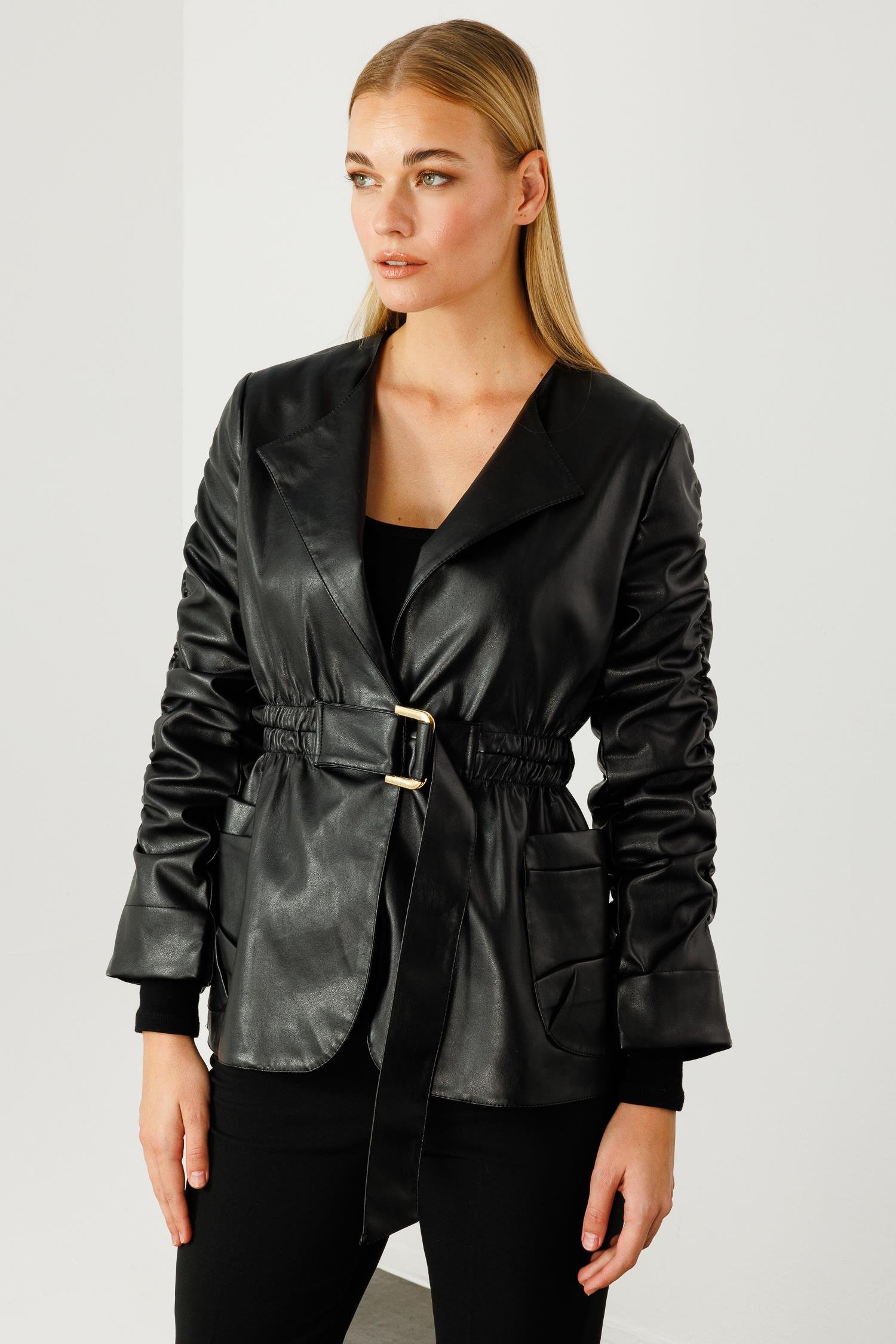 Modailgi  Kolları Büzgü Detaylı Kısa Deri Ceket Siyah