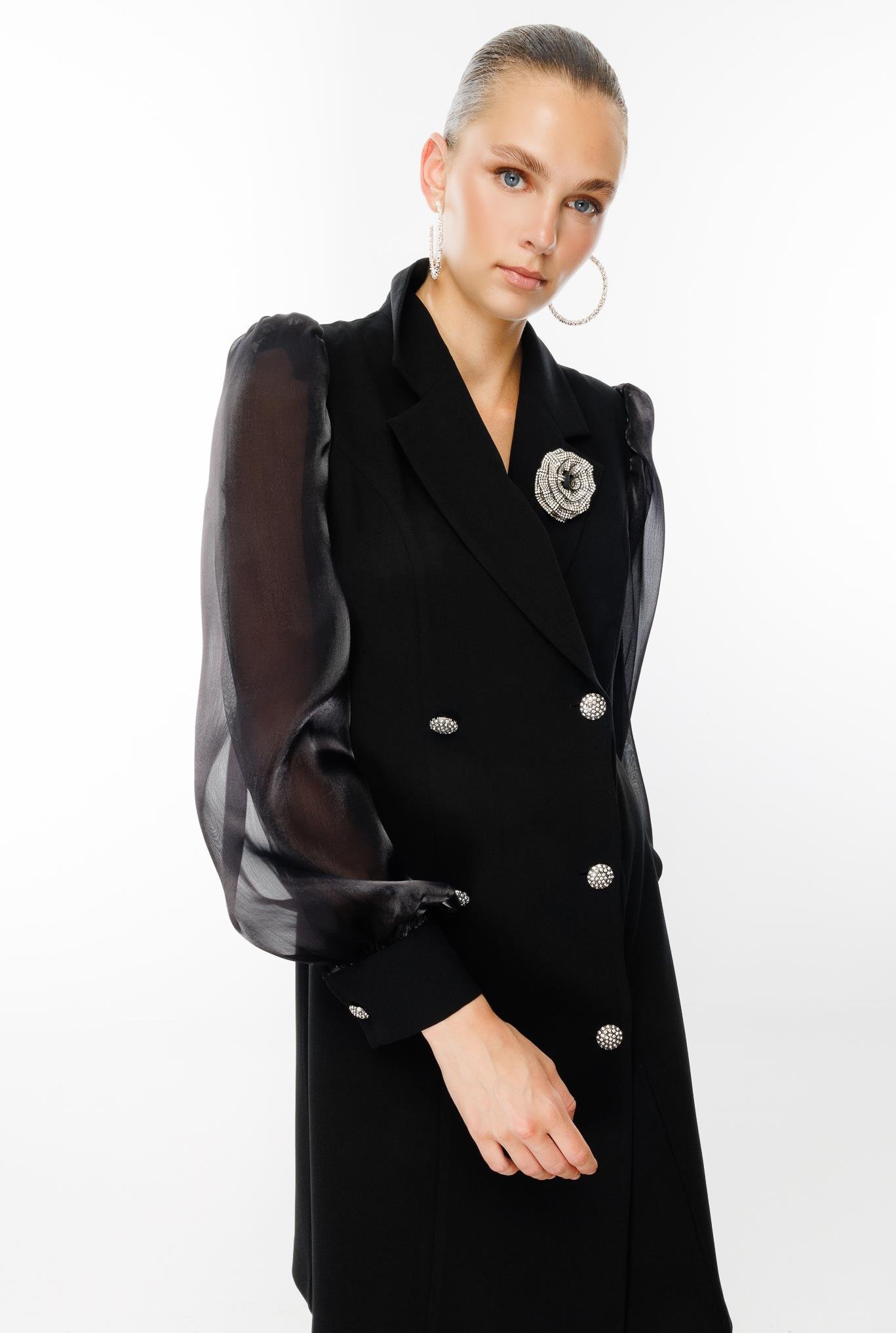 Modailgi  Kolları Organzeli Yakası Gül Broşlu Kruvaze Elbise Siyah