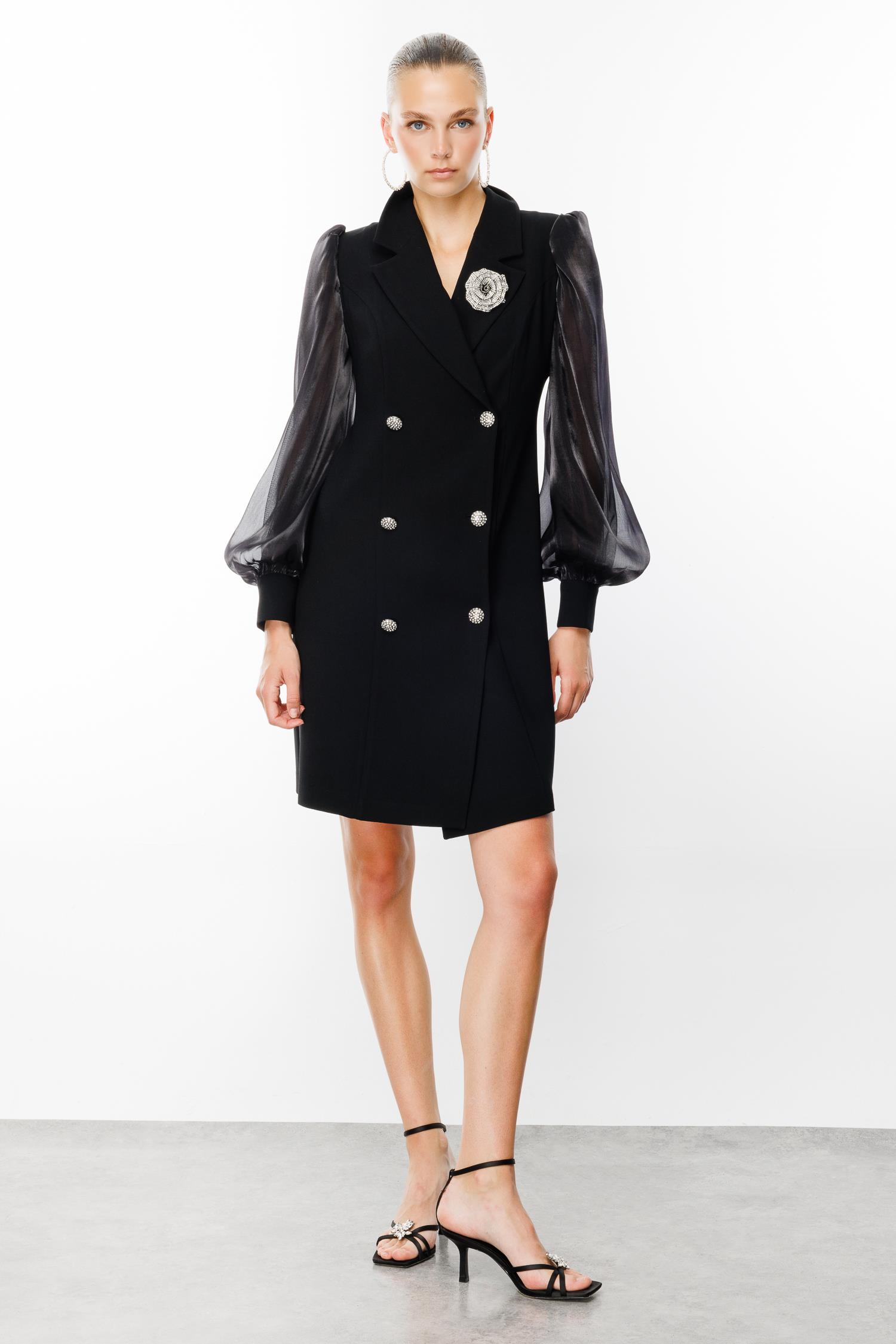 Modailgi  Kolları Organzeli Yakası Gül Broşlu Kruvaze Elbise Siyah