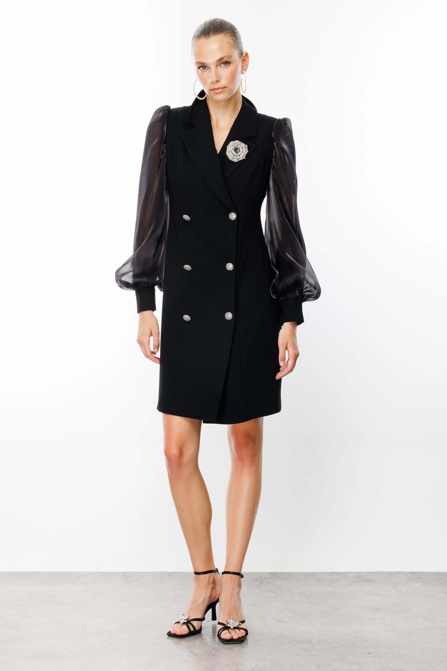 Modailgi  Kolları Organzeli Yakası Gül Broşlu Kruvaze Elbise Siyah