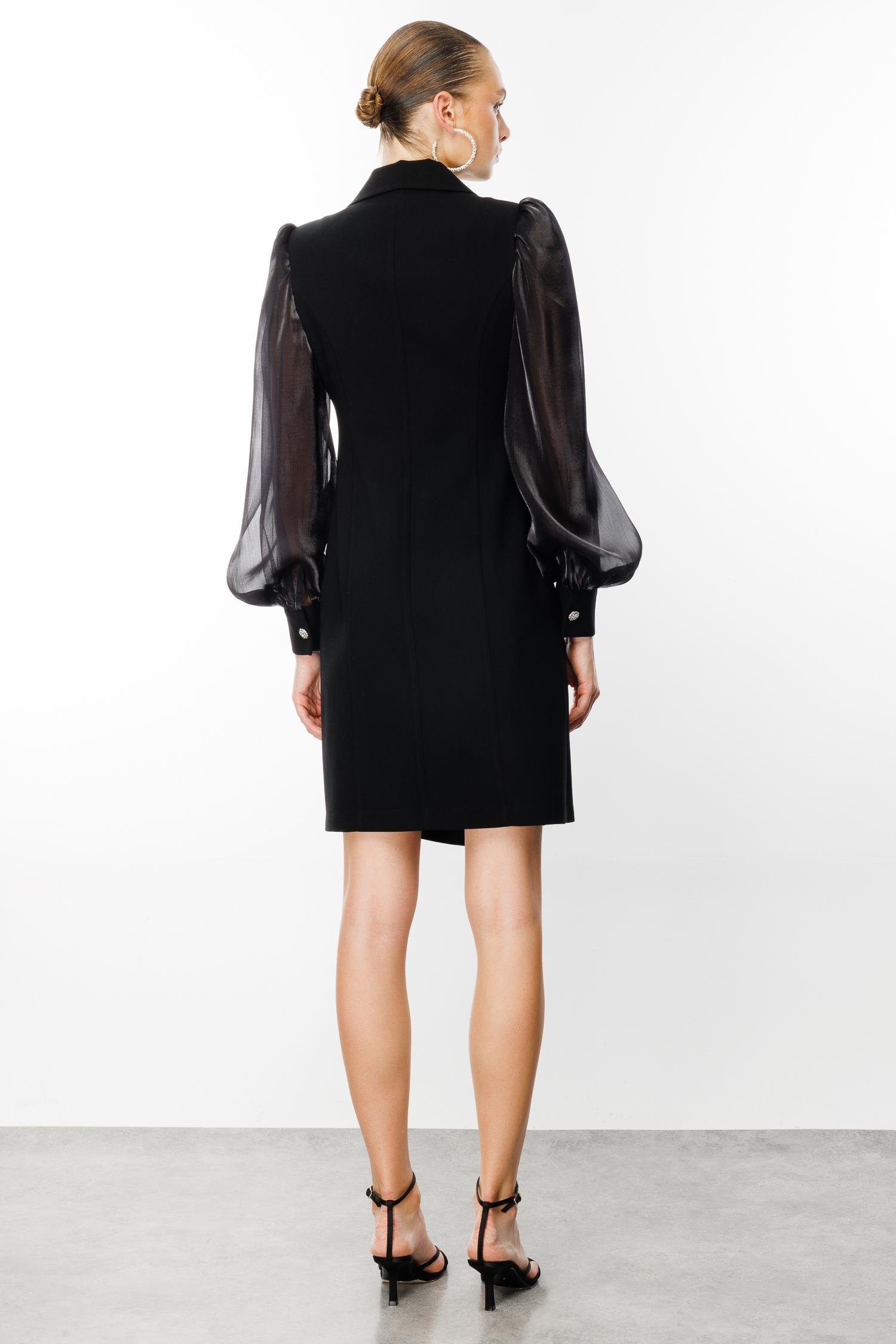 Modailgi  Kolları Organzeli Yakası Gül Broşlu Kruvaze Elbise Siyah