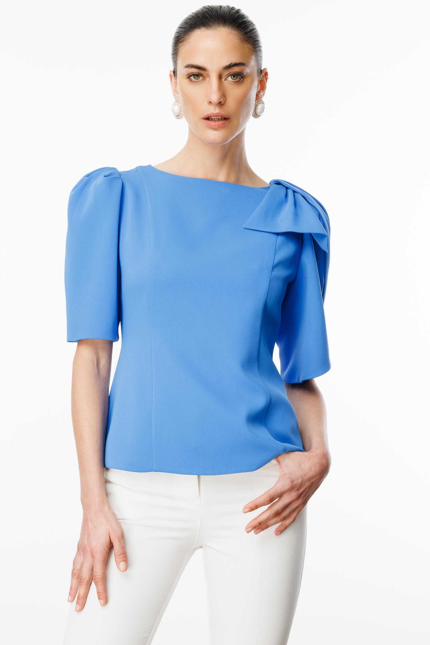 Modailgi  Kolları Pile Fiyonk Anvelop Detaylı Fermuar Kapamalı Bluz Mavi