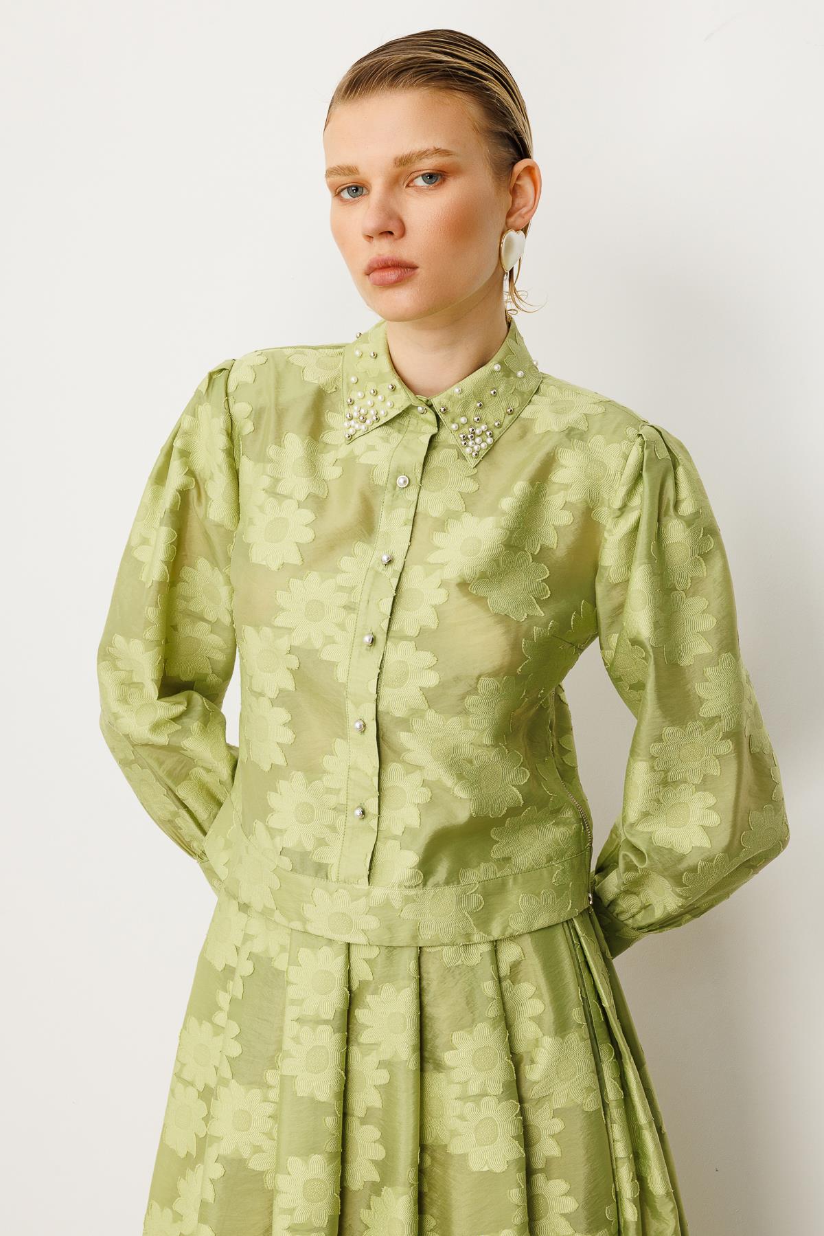 Modailgi  Kolları Pileli Yakası İnci Detaylı Yandan Fermuarlı Bomber Ceket Yeşil