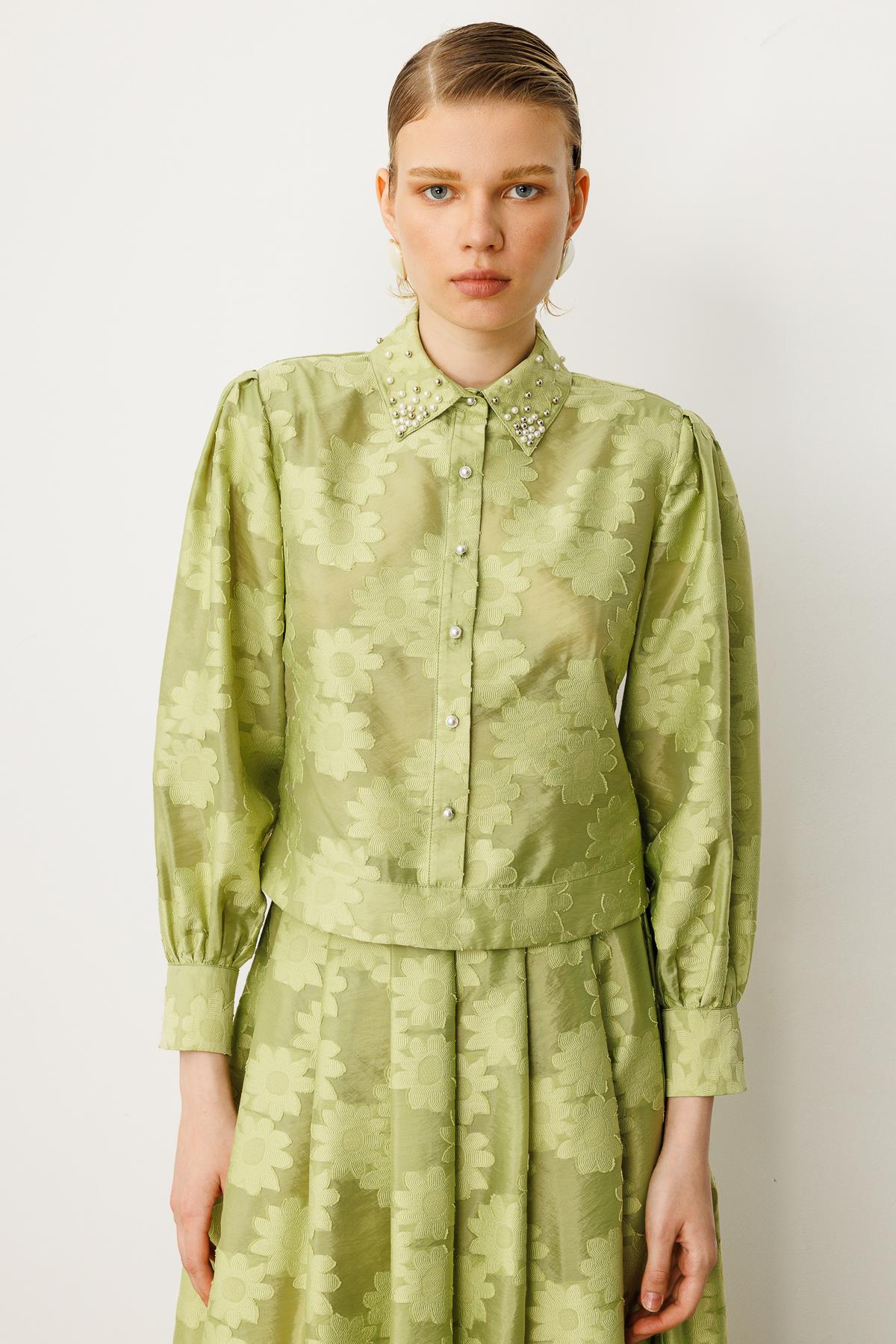 Modailgi  Kolları Pileli Yakası İnci Detaylı Yandan Fermuarlı Bomber Ceket Yeşil