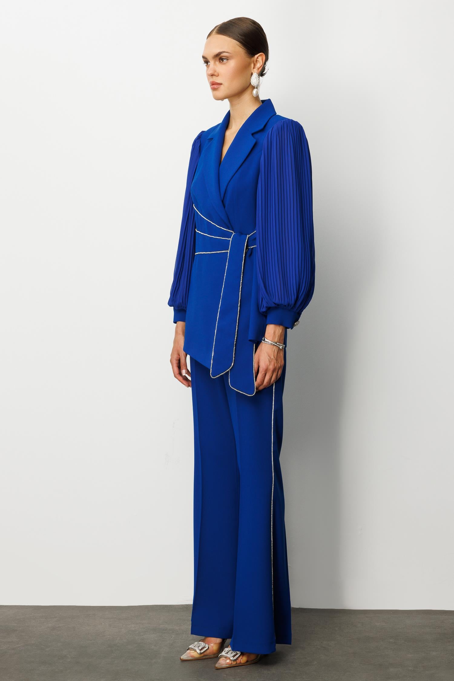 Modailgi  Kolları Piliseli Şerit Aksesuarlı Ceket Saks