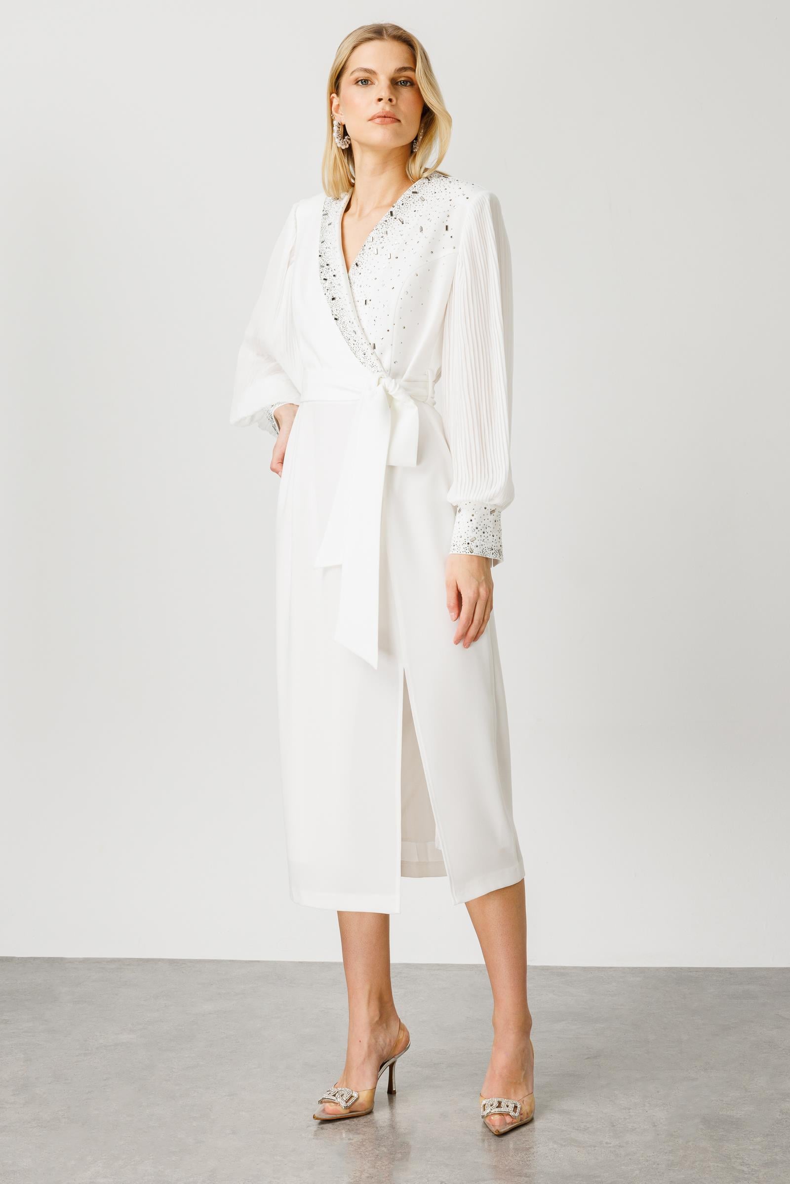 Modailgi  Kolları Piliseli Taş Detaylı Elbise Ekru