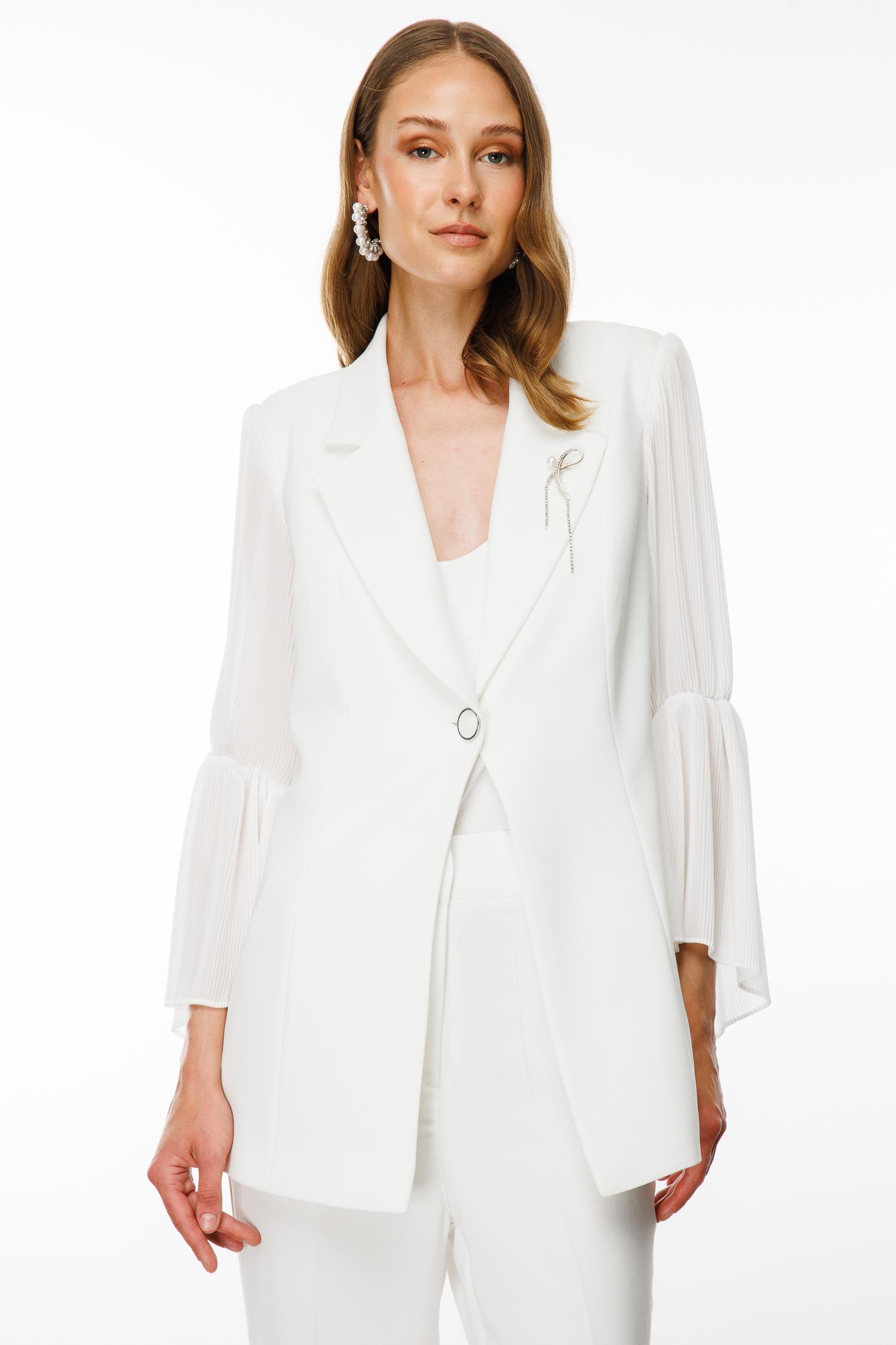 Modailgi  Kolları Piliseli Yakası Broşlu Ceket Ekru