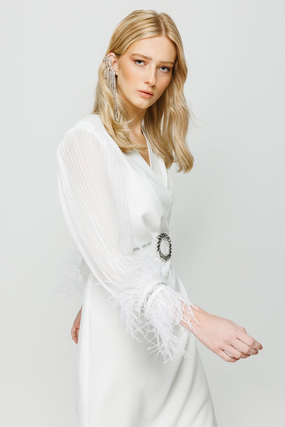 Modailgi  Kolları Pliseli Manşeti Otrişli Uzun Elbise Ekru