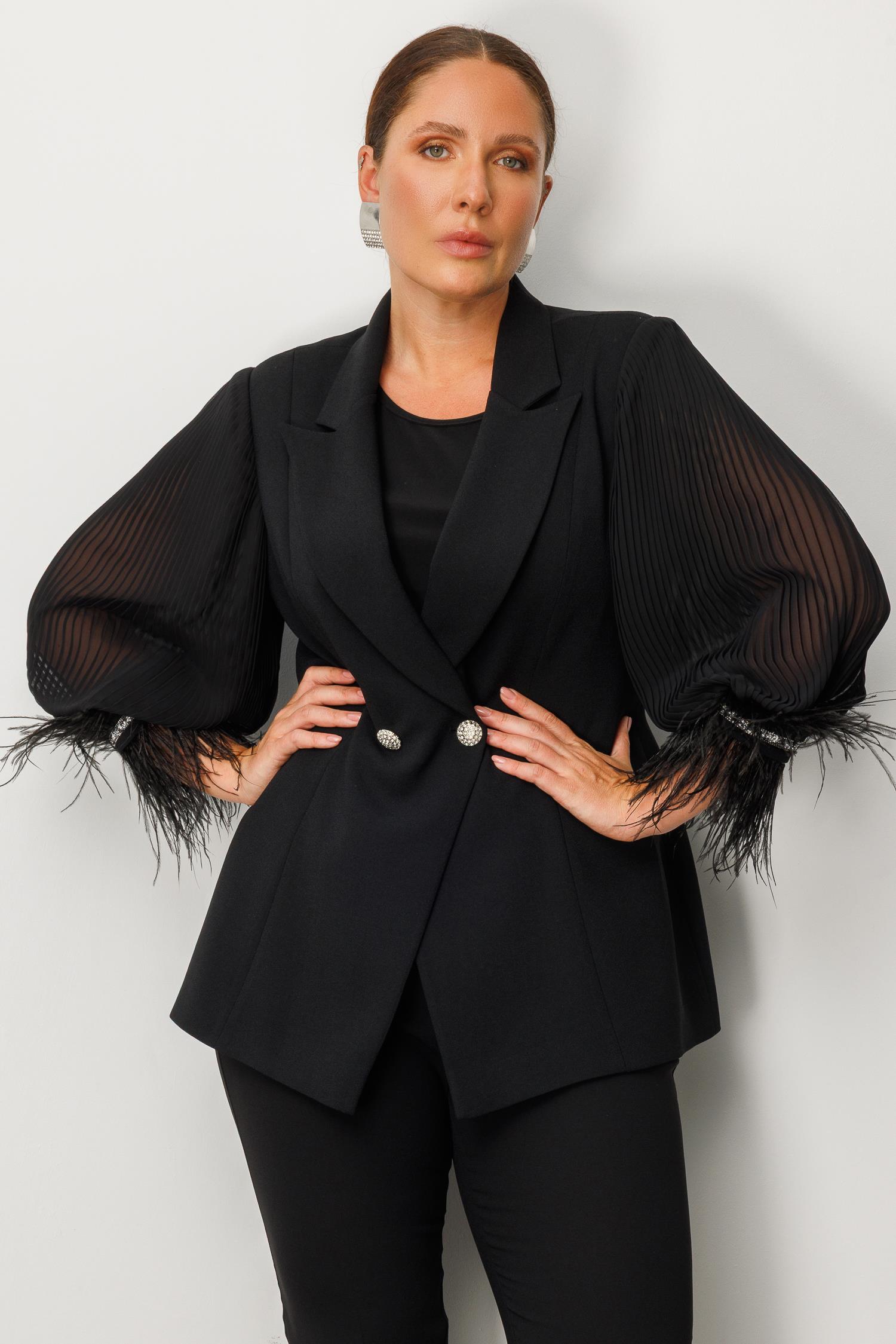 Modailgi  Kolları Pliseli Manşeti Otrişli Ceket Siyah