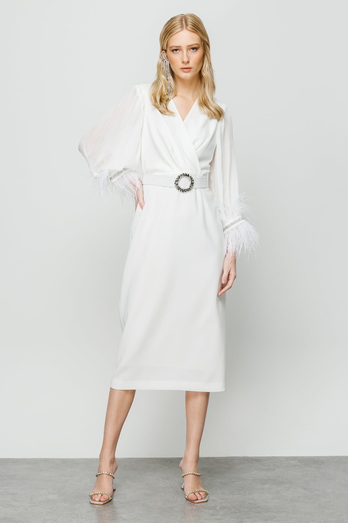 Modailgi  Kolları Pliseli Manşeti Otrişli Uzun Elbise Ekru