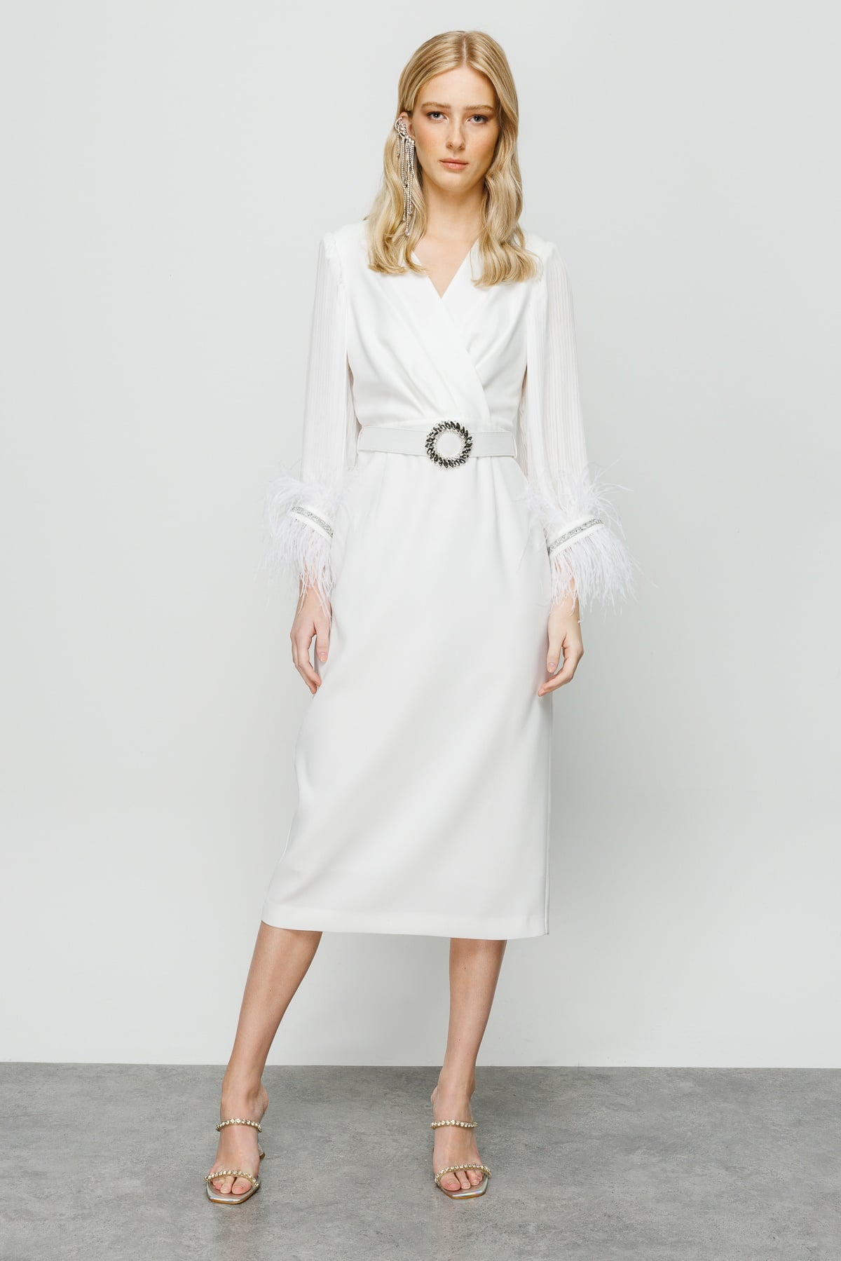 Modailgi  Kolları Pliseli Manşeti Otrişli Uzun Elbise Ekru