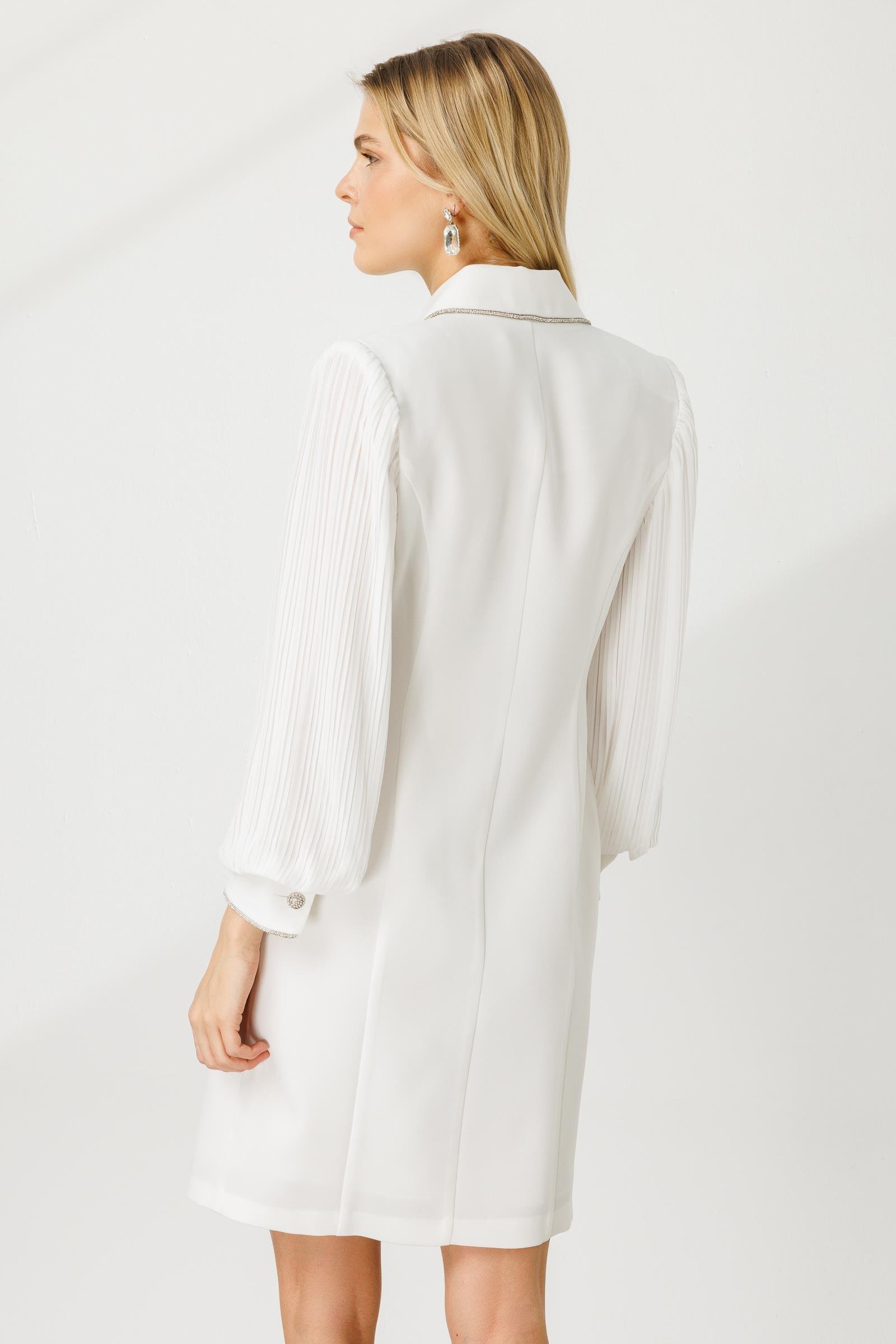 Modailgi  Kolları Pliseli Taş Şeritli Elbise Ekru