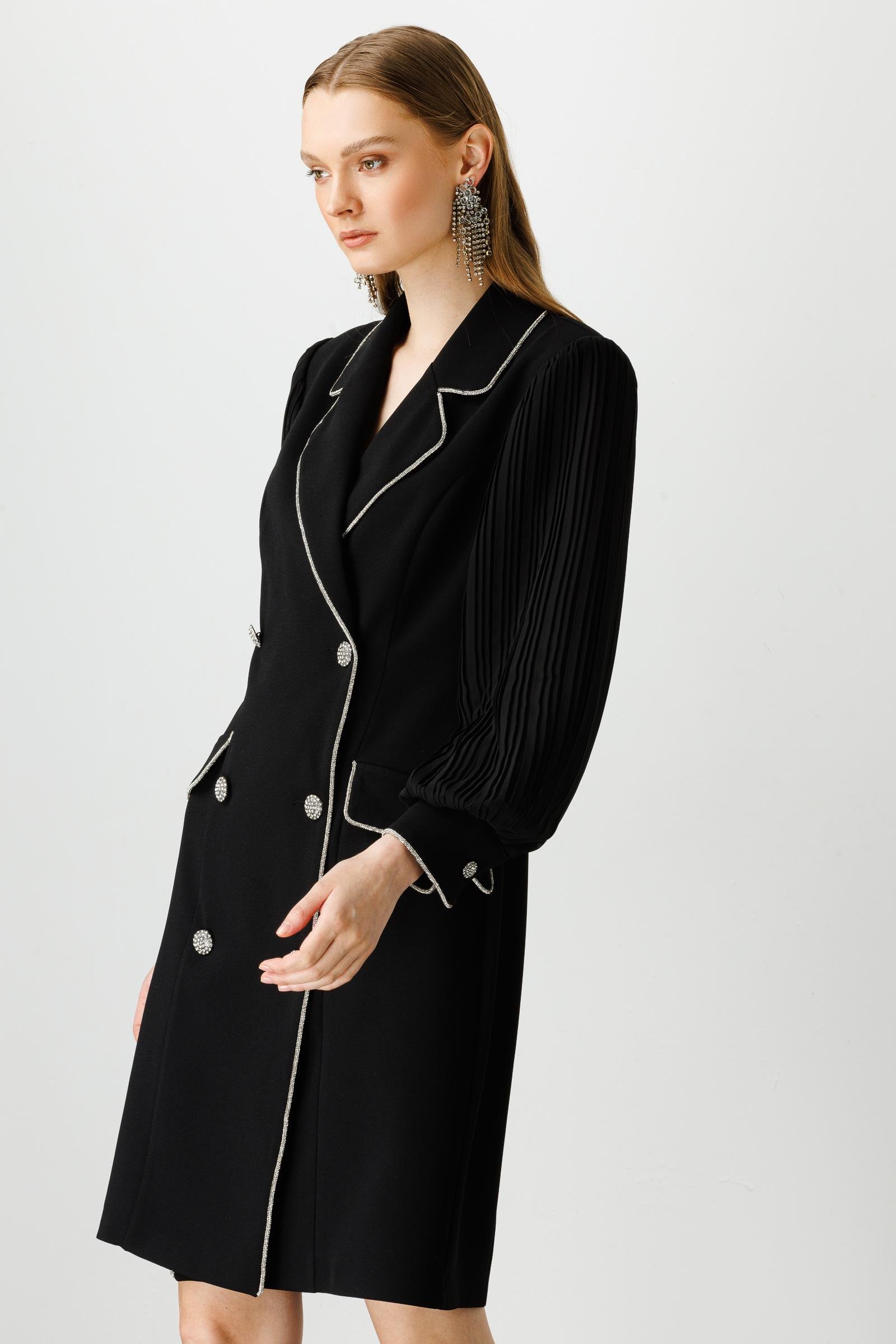 Modailgi  Kolları Pliseli Taş Şeritli Elbise Siyah