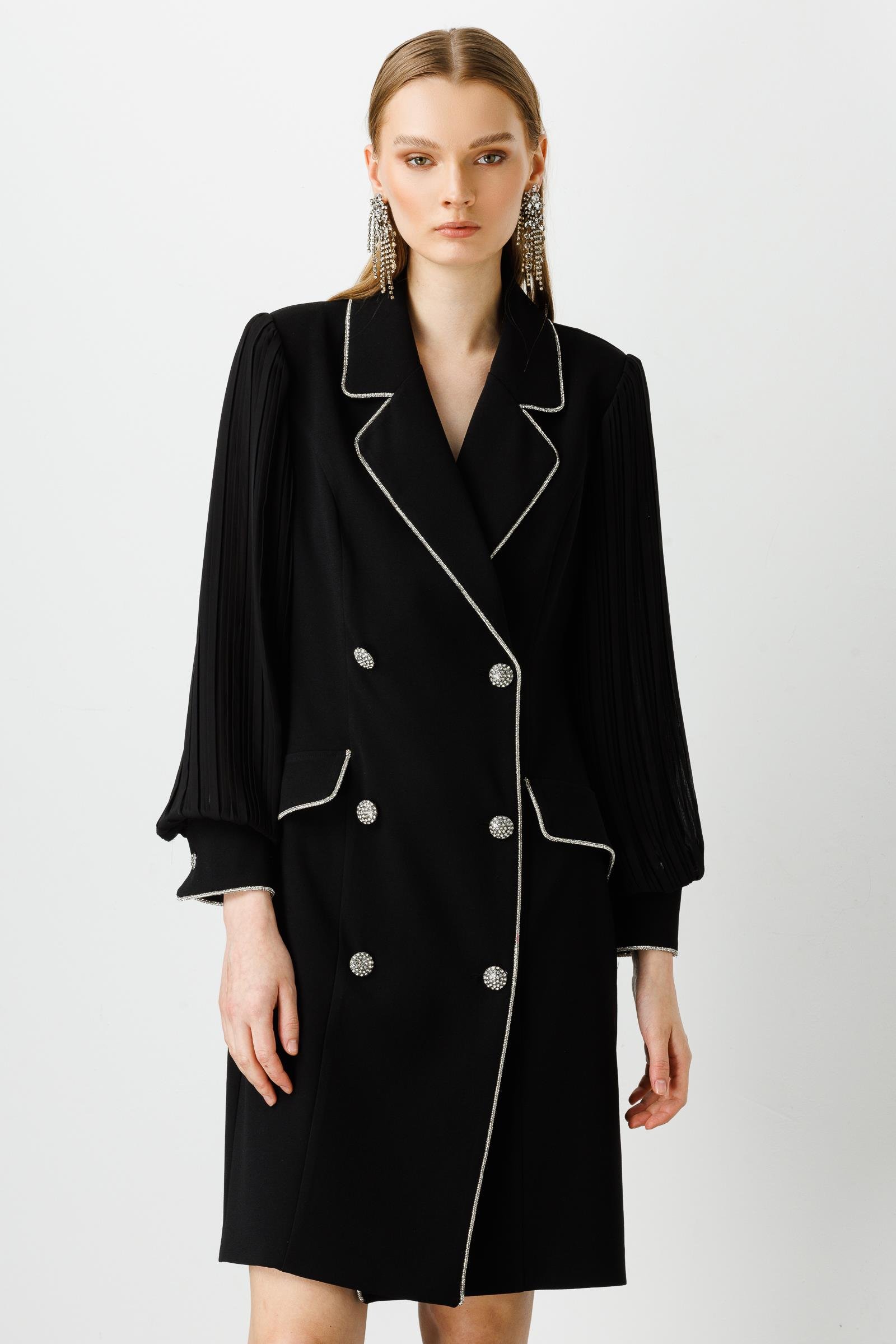 Modailgi  Kolları Pliseli Taş Şeritli Elbise Siyah