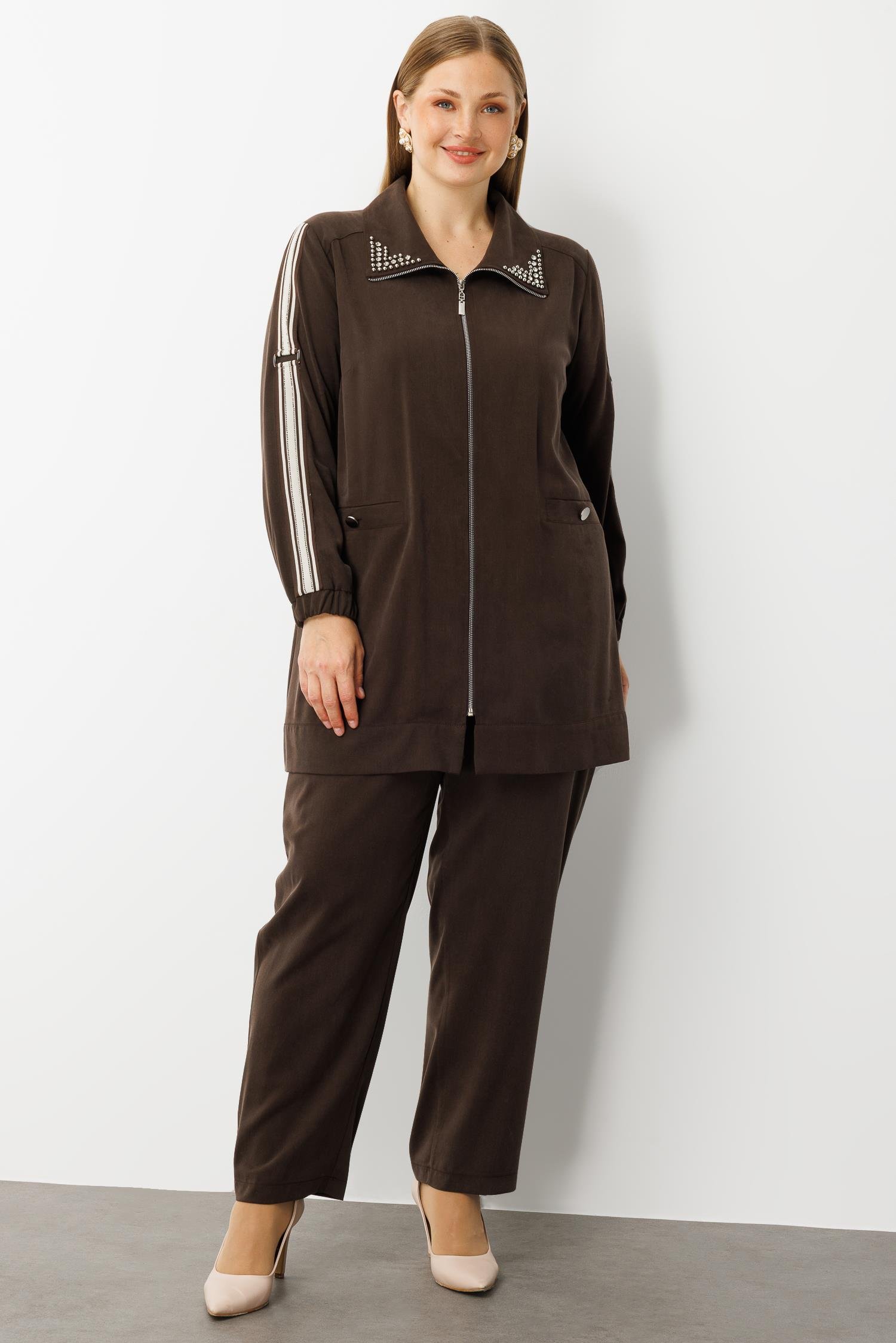 Modailgi  Kolları Ribana Detaylı Yakası İncili Tunik Takım Kahve